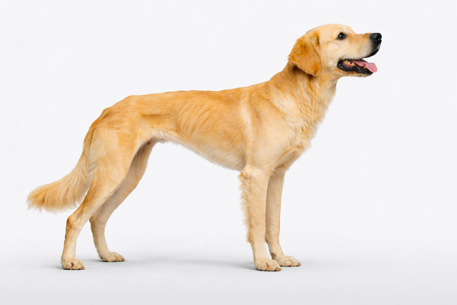 Golden retriever dog standing on a white background with tongue out.