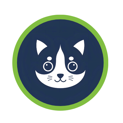 A circular logo with a black cat face illustration on a dark blue background, bordered by a green ring.