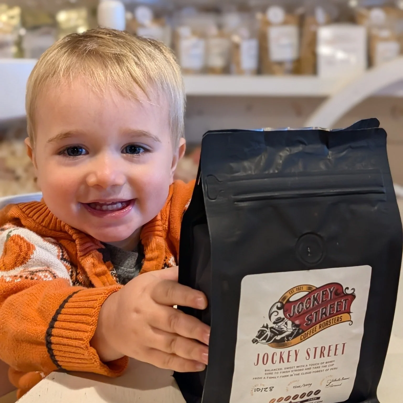 Our littlest quality control manager was stocking shelves at @valleybreadandbounty this morning! Stop in for a cup of coffee, a delicious treat, and take home freshly-roasted beans for the weekend. 😉

#jockeystreetcoffee #spotted #roastwhatyoulove #
