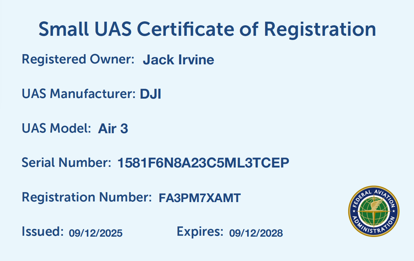 Small UAS Certificate of Registration issued to Jack Irvine for a DJI Air 3 drone, with serial number 1581F6N8A23C5ML3TCEP, registration number FA3PM7XAMT, issued on 09/12/2025, expiring on 09/12/2028, featuring the Federal Aviation Administration seal.