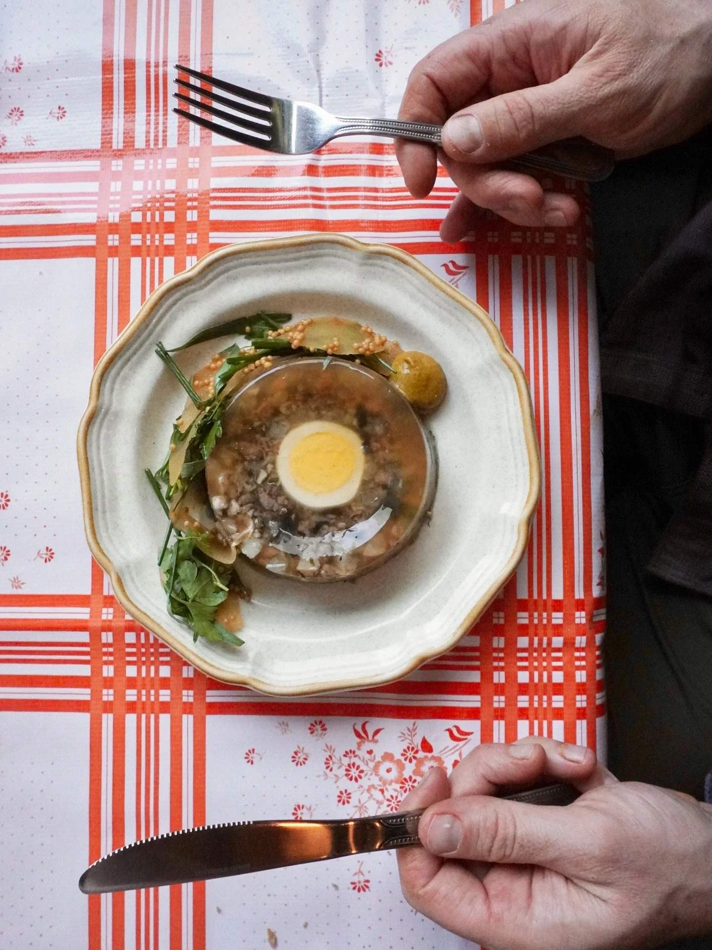 You're seeing this correctly - aspic is SO back, baby! Veal aspic inlaid with black trumpet mushrooms and beef tongue. acoompanied by compressed apples and fines herbs. ✨

Pre-refrigeration, cholodetz was only made in the wintertime, and left out in 