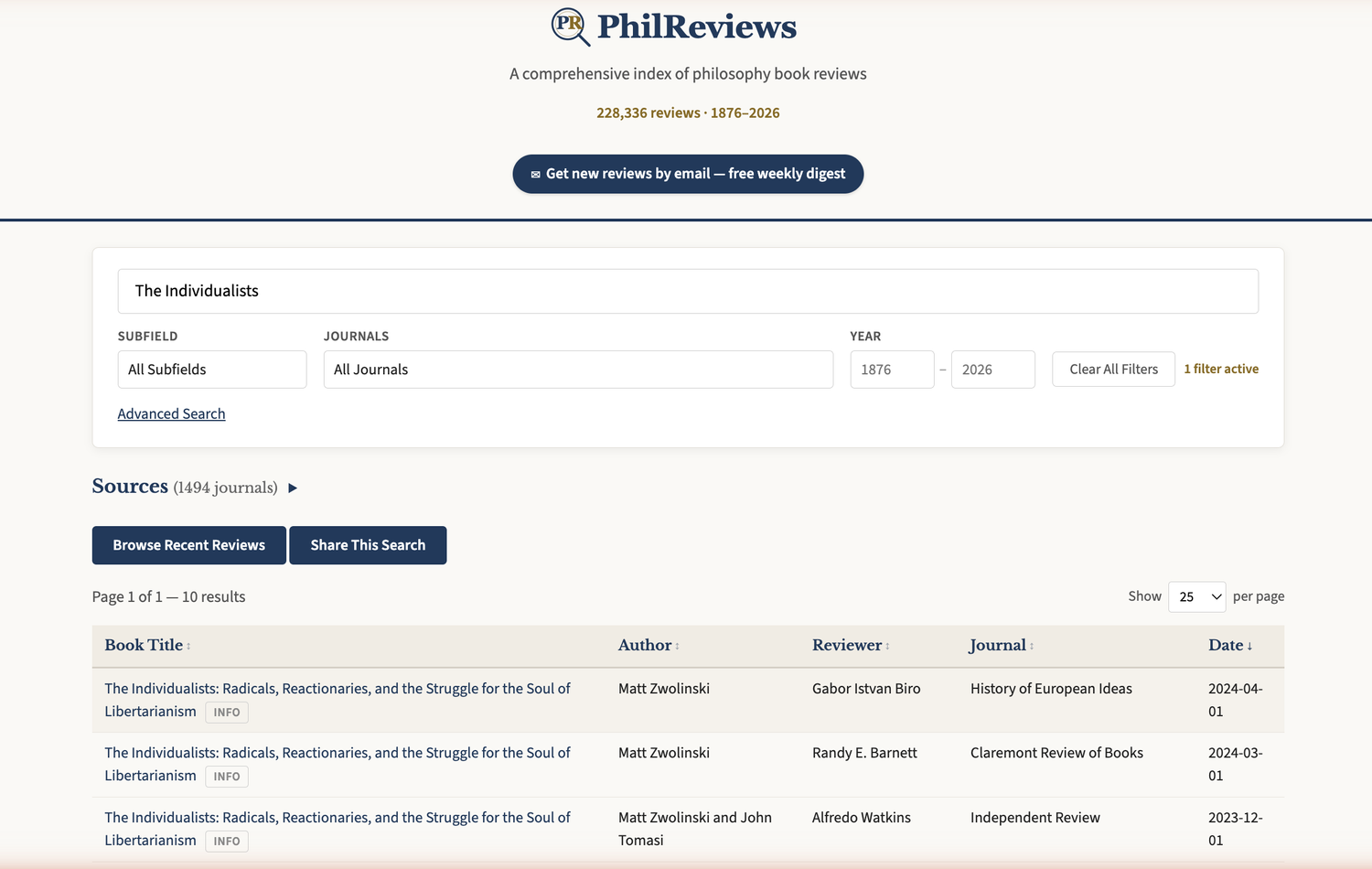 A PhilReviews search: every review of the book, grouped and linked to its source.