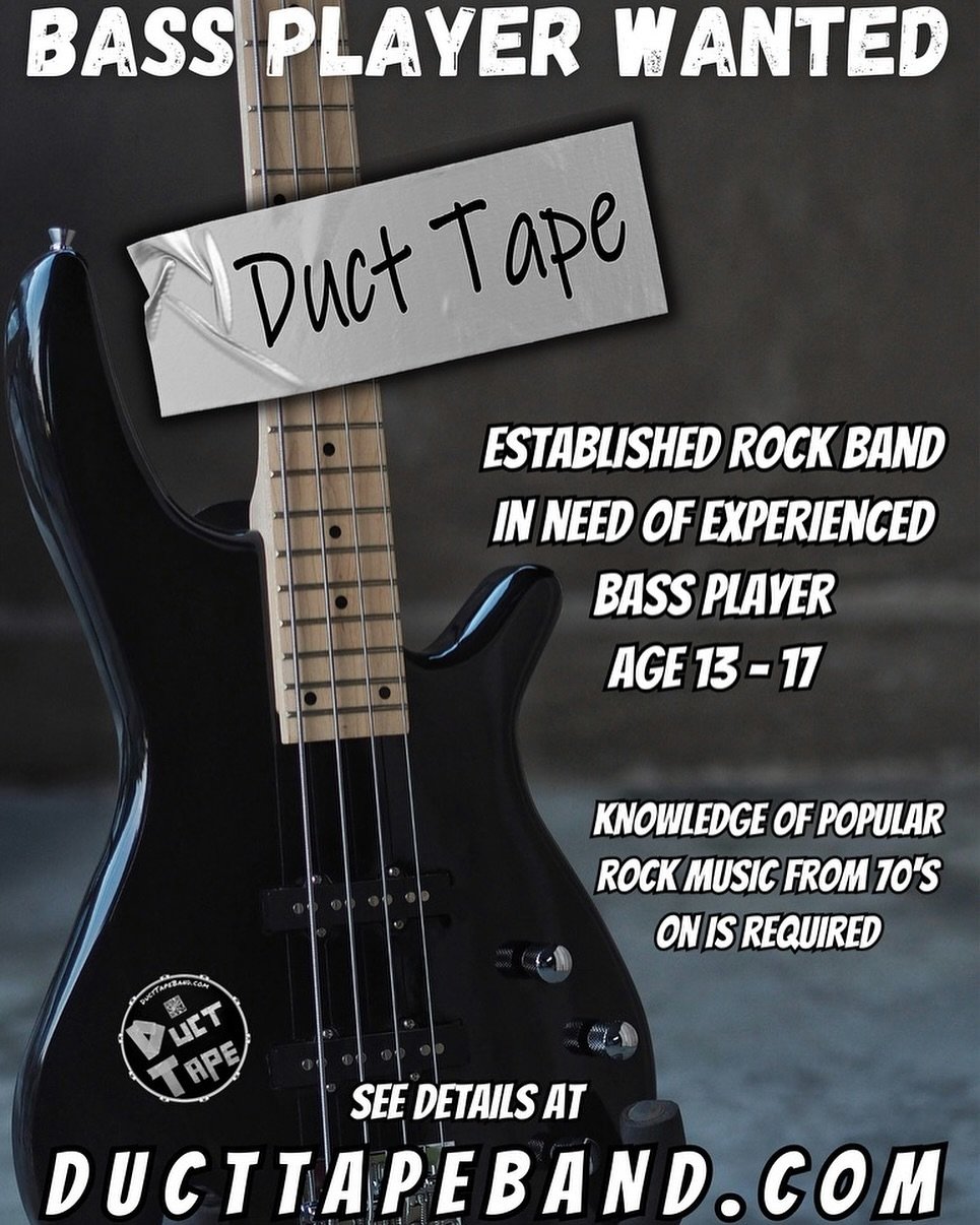 Experienced Bass Player needed to join our established rock band.  Apply at website : www.ducttapeband.com/bass or via link our stories. 

#music #rockmusic #rockband #musician #musicians #musiciansofinstagram #musicianlife #kidmusician #kidmusicians