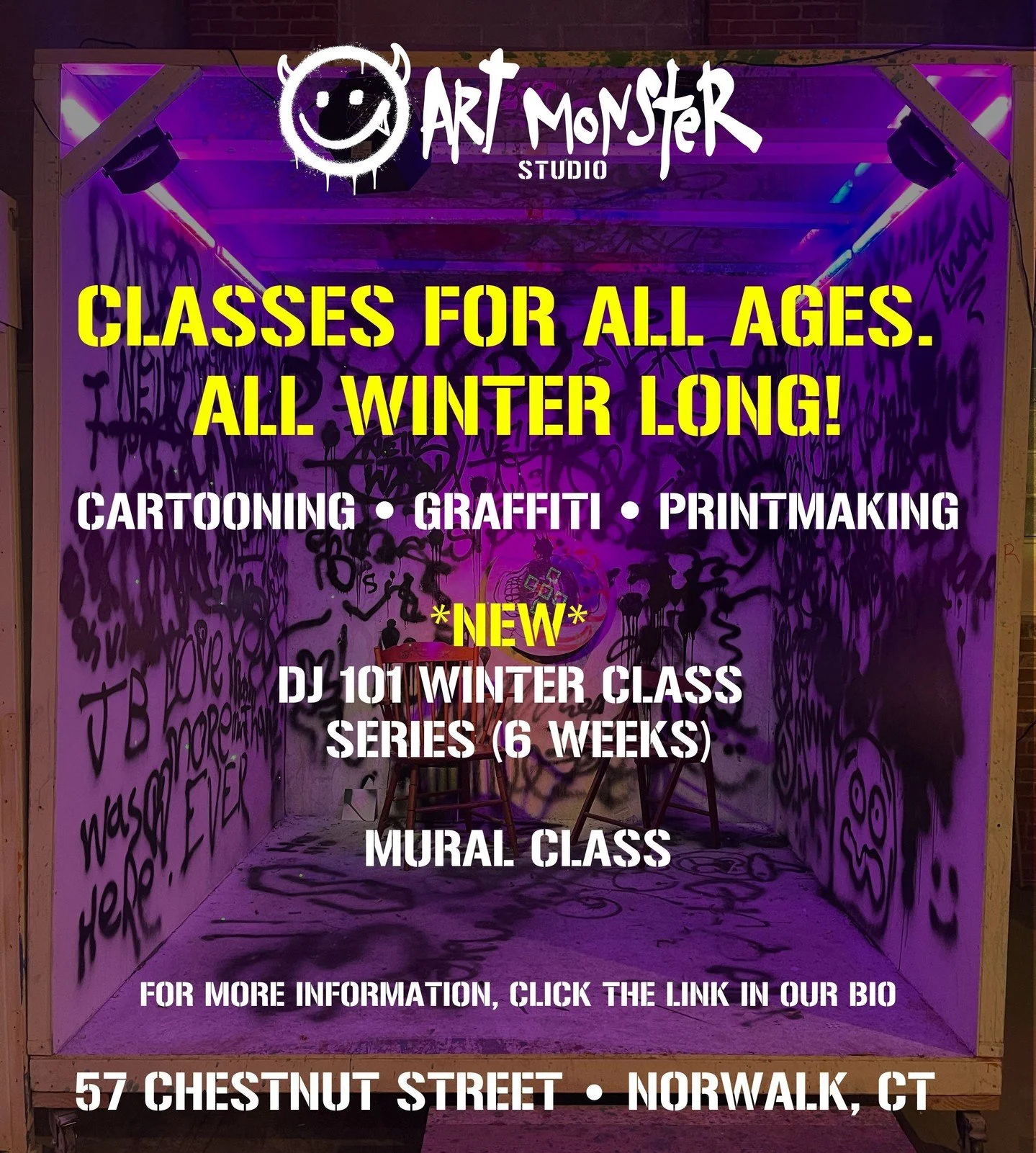 This Small Business Saturday, explore all the creative classes we offer!

From cartooning to graffiti to printmaking and murals, plus our latest DJ 101 Intro Winter Series, there is something for artists of all ages at Art Monster Studio.

Link in bi