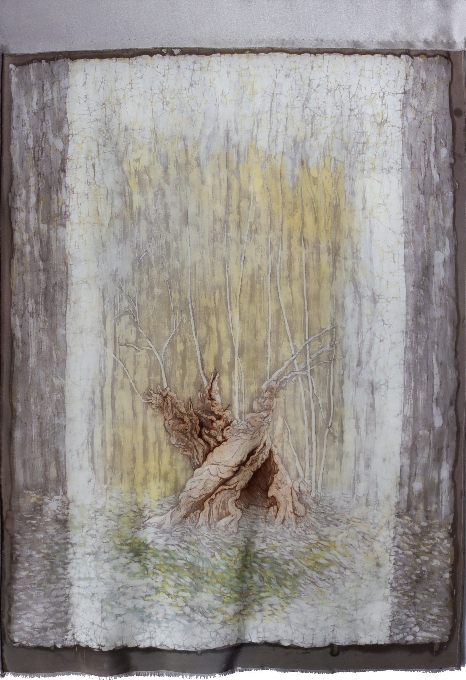 Aïeul 1 « Pas de deux » 83cm x 117cm ....................Its force puts a spell on the forest.  We see the life that is alive in contradistinction to the death that is alive.
I observe that the elders often have helicoidal shape, or even a double hel