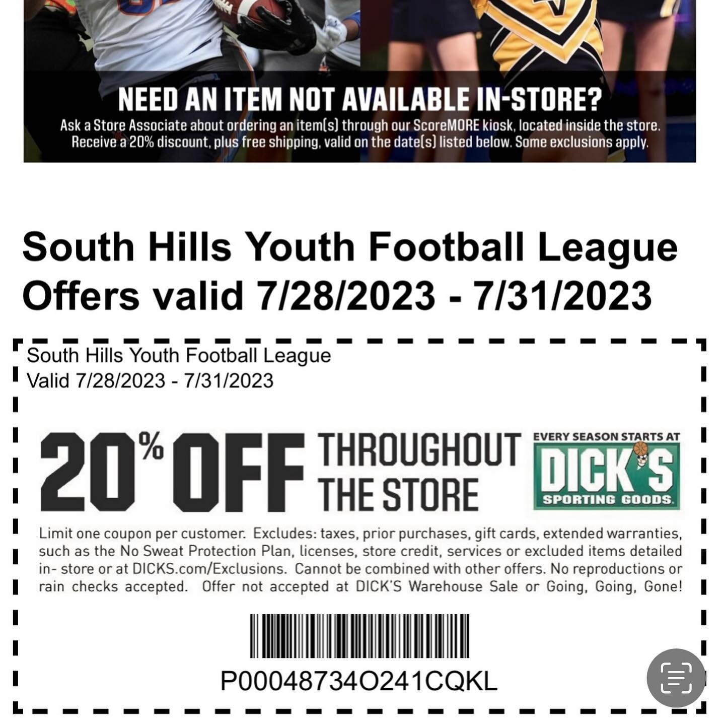 Looking for some new gear for your kid(s) before the season starts? Why not save 20% by shopping at Dicks Sporting Goods any time from 7/28/23 to 7/31/23. Just use the coupon below to save 20% on your entire purchase*.

#LetsGoLebo #LeboYouthFootball