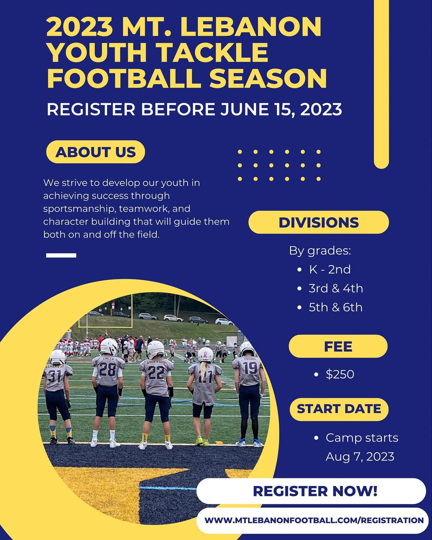 🚨ONLY 3 DAYS LEFT🚨

Only 3 MORE DAYS til registration is closed! If you haven&rsquo;t signed your kid(s) up yet, don&rsquo;t wait any longer!

Follow the link below or click the link in our bio to register.

https://www.mtlebanonfootball.com/regist