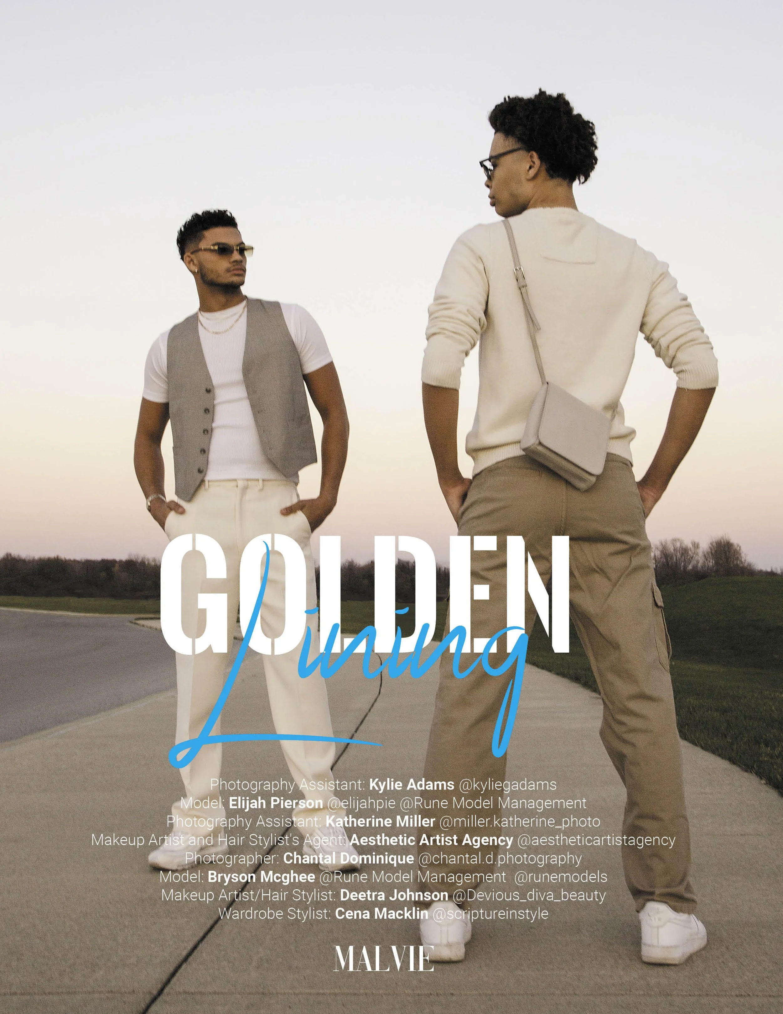 Two fashionably dressed models, a man and a woman, standing outdoors on a paved path during sunset, with the words "GOLDEN Young" in large text and credits for photography and styling at the bottom.