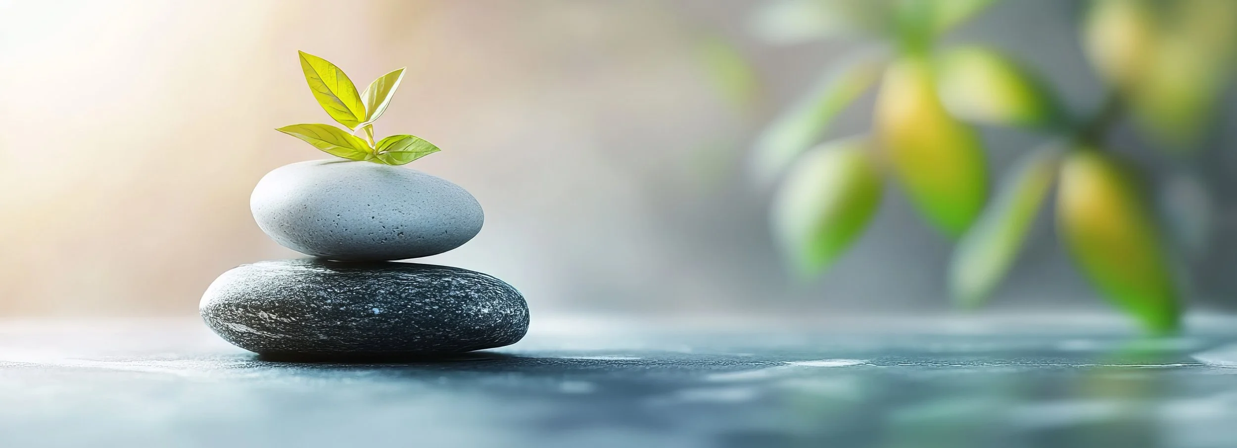 Stack of three smooth stones with a small green plant growing from the top, set on a blurred background.