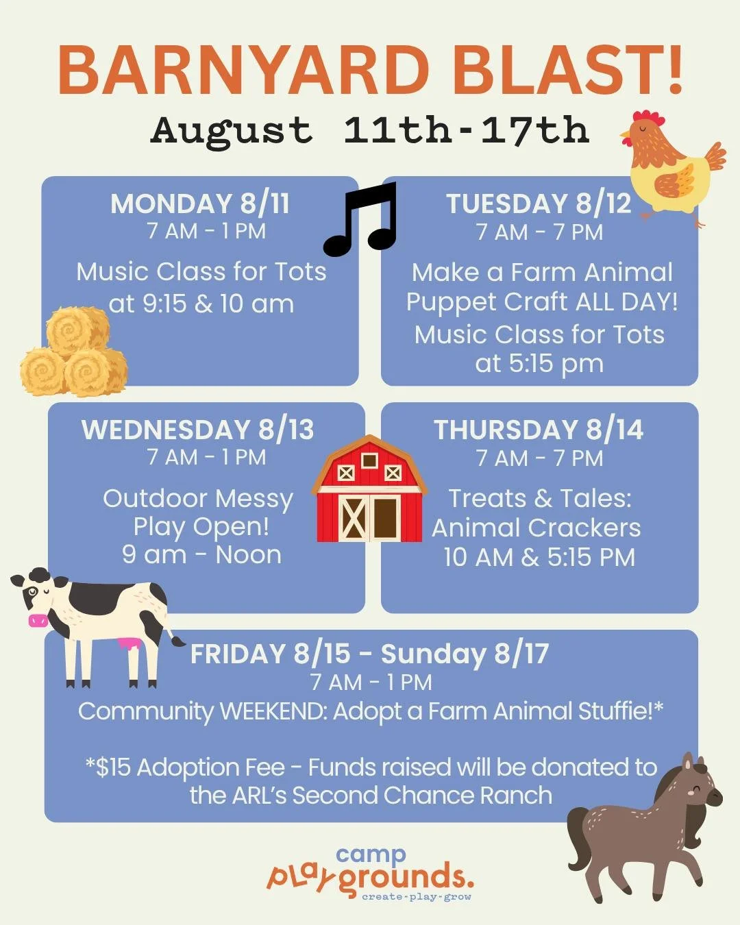 This week at Playgrounds: Barnyard Blast!!
YEE-HAW! We are going to have a blast on the farm this week! From farm animal puppets to tractor-filled stories, your little farmers will love this down-on-the-farm adventure. 🐮🐷
We are doing something a