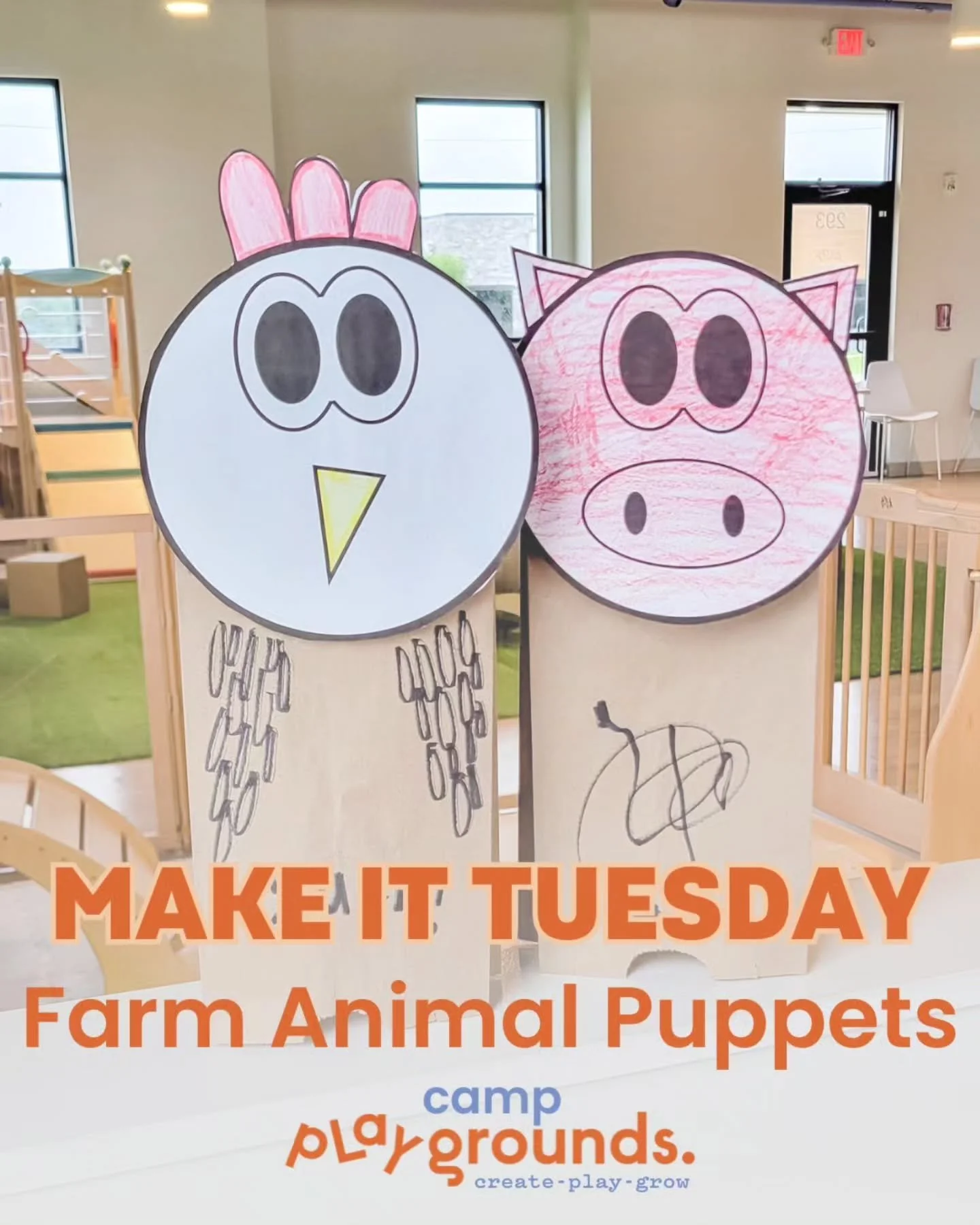 OINK, BAA, MOO! We want to play with you!! 🐮🐷🐔
Come make a Farm Animal Puppet today while you play at Playgrounds! We are open 7 am - 7 pm and the craft is available any time! 
AND join us for evening music class with Ms Amanda at 5:15 pm! 🎶
R