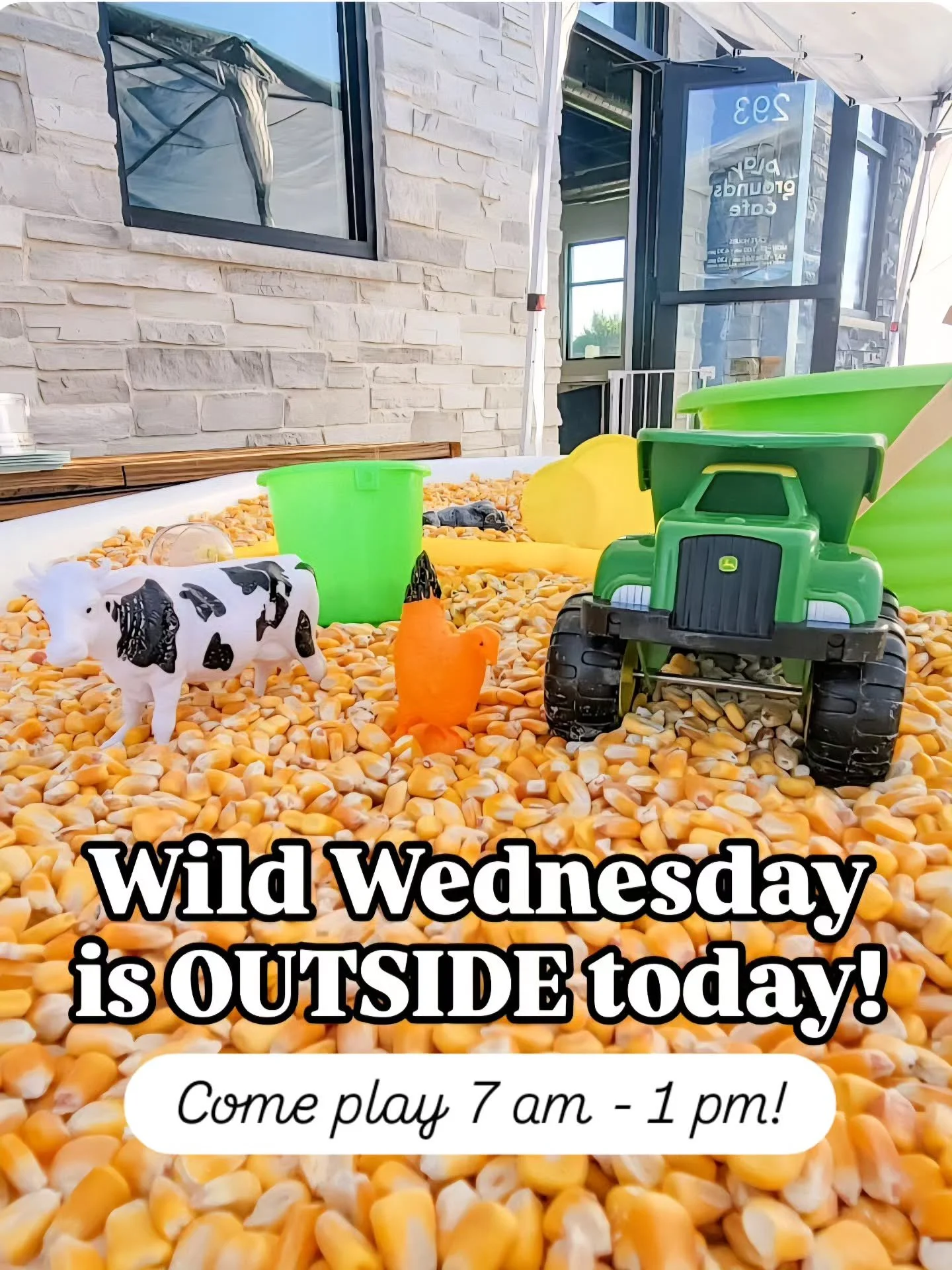 Its a beautiful day to get messy OUTSIDE today!! Come play with our mini corn pools and water table until 7 am - 1 pm today!! 🌽🐮
Reservations are recommended, but not required - walk ins will be admitted as space allows. Wild Wednesday is included