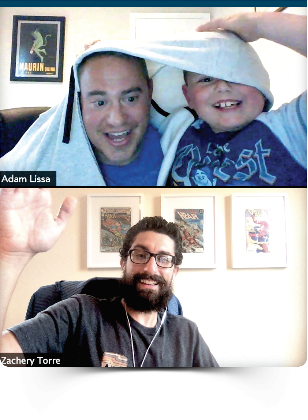 Two people in a video call. The top image shows two individuals smiling under a hoodie. The bottom image shows a person waving with comic-style art on the wall behind.