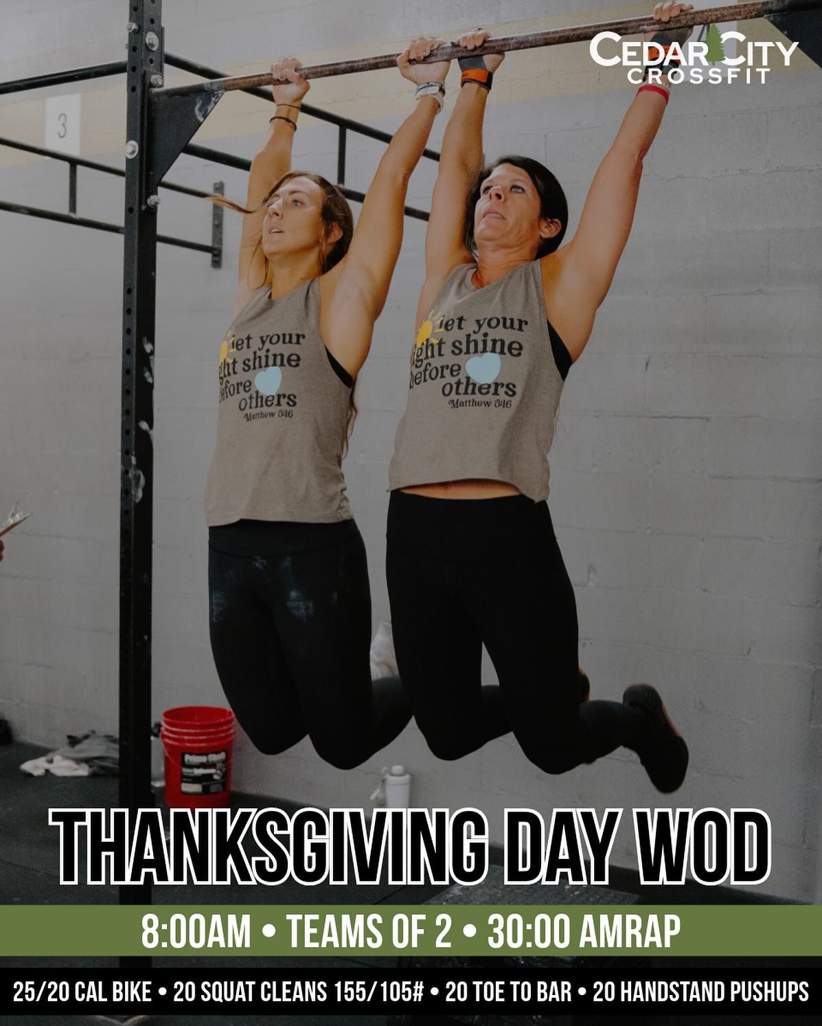 Join us tomorrow for our Thanksgiving Workout!! 🦃 🏈 

&ldquo;Turkey &amp; Touchdowns &ldquo;
Teams of 2:
30:00 AMRAP
25/20 Cal Air Bike
20 Squat Cleans 155/105#
20 Toe To Bar
20 Handstand Pushups

*modifications will be available for all movements