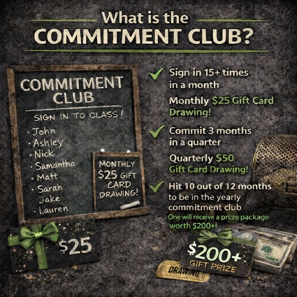 What is the Commitment Club? 👇🏼

Each month we have a commitment club and if you sign into class 15 or more times you get your name on the board, and you get put into a drawing for a $25 gift card! 

Each quarter those who have been apart of the co