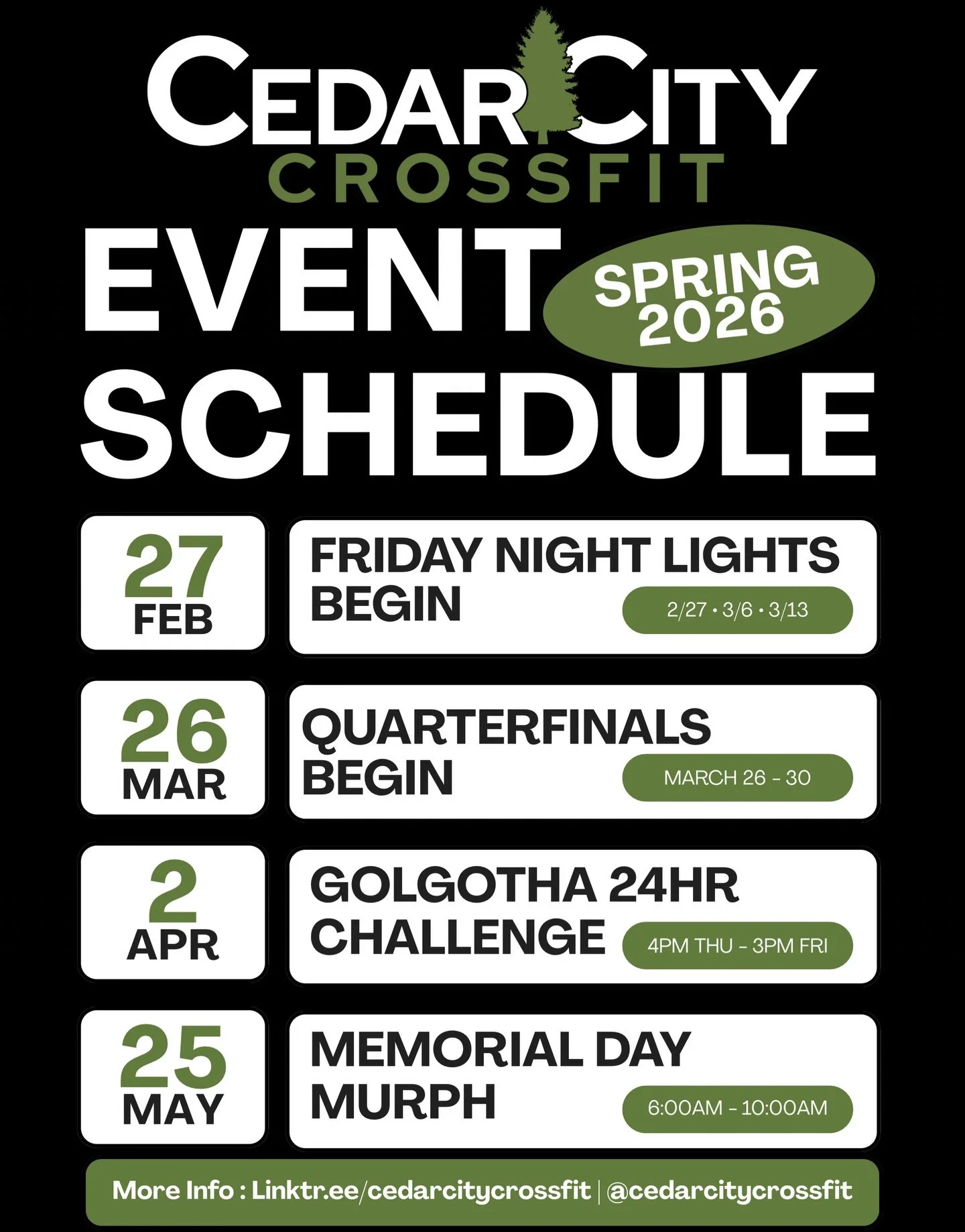 Upcoming Events Calendar 📅  It&rsquo;s going to be a heck of a spring at Cedar City CrossFit! There&rsquo;s no better time to join in on the fun! 💪🏼