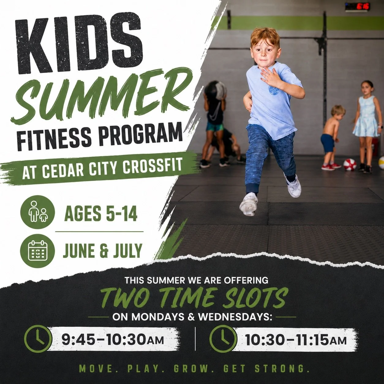 Our Kids Summer program starts June 1 and this year we are offering two times slots to make room for more kids! 

Mondays &amp; Wednesday all June and July. Time slots:
9:45-10:30a
10:30-11:15a

Limited spots are available and each time slot will fil