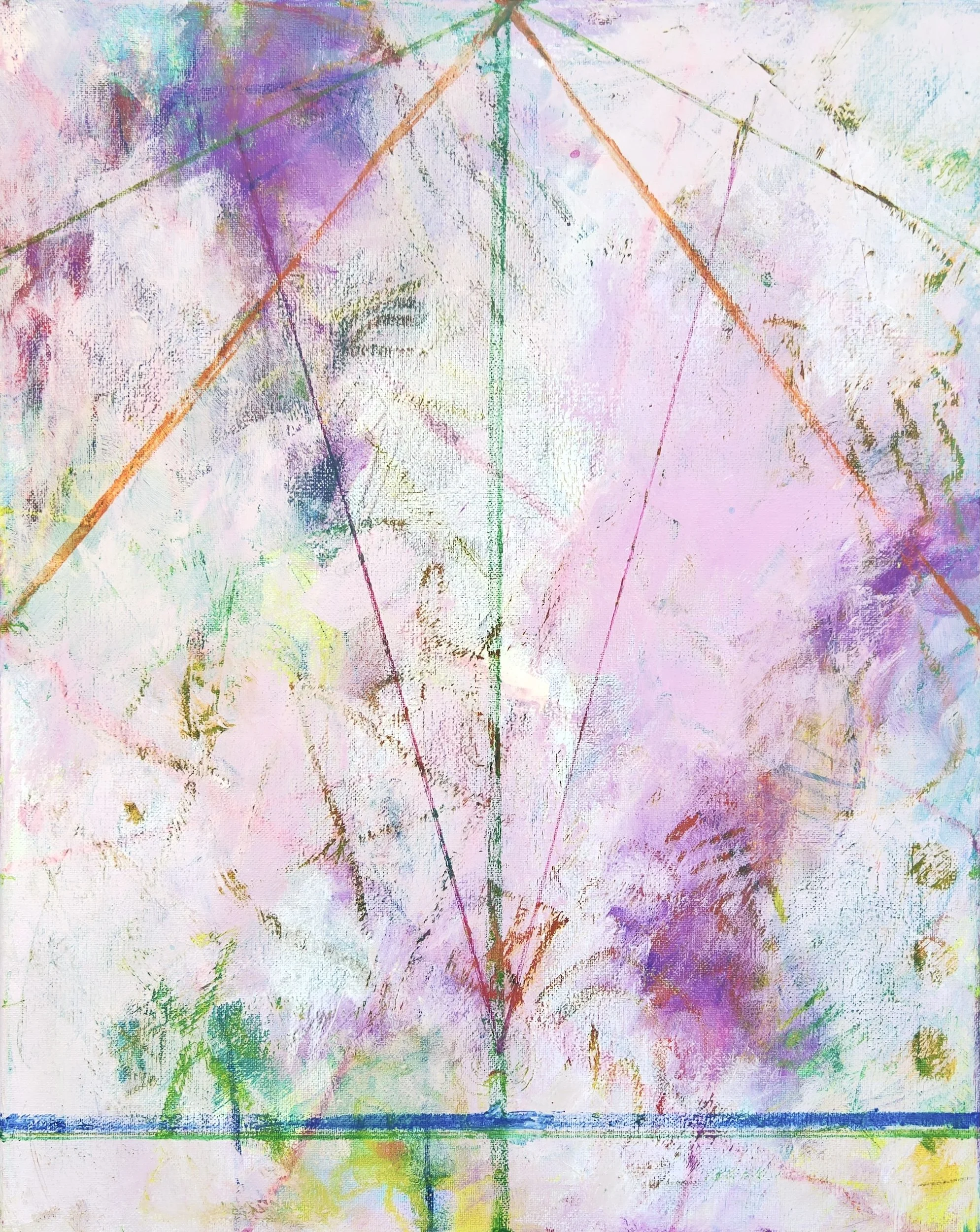 Abstract pastel-colored artwork with sparse lines and geometric shapes.