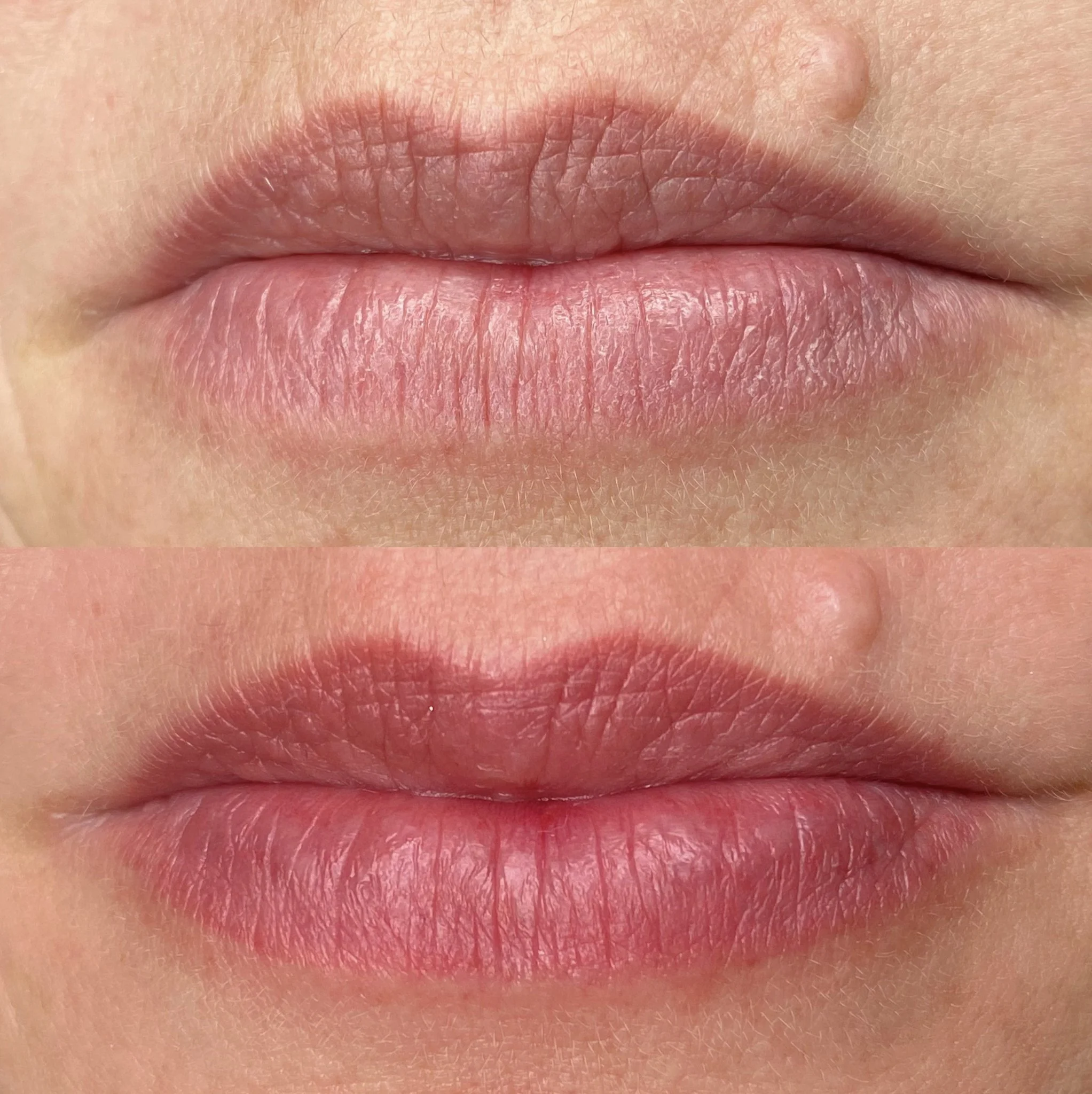 Close-up of human lips, before and after applying lip balm or gloss.