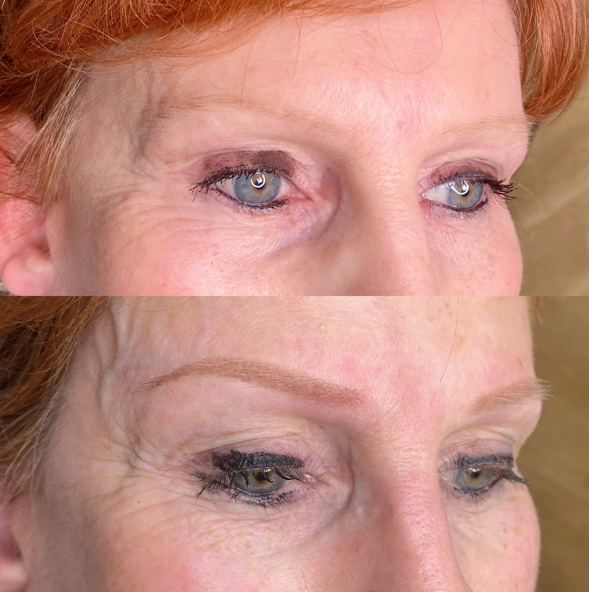 Close-up images of a woman's eyes before and after eyelash enhancement with makeup, showing the eyebrows and surrounding skin.
