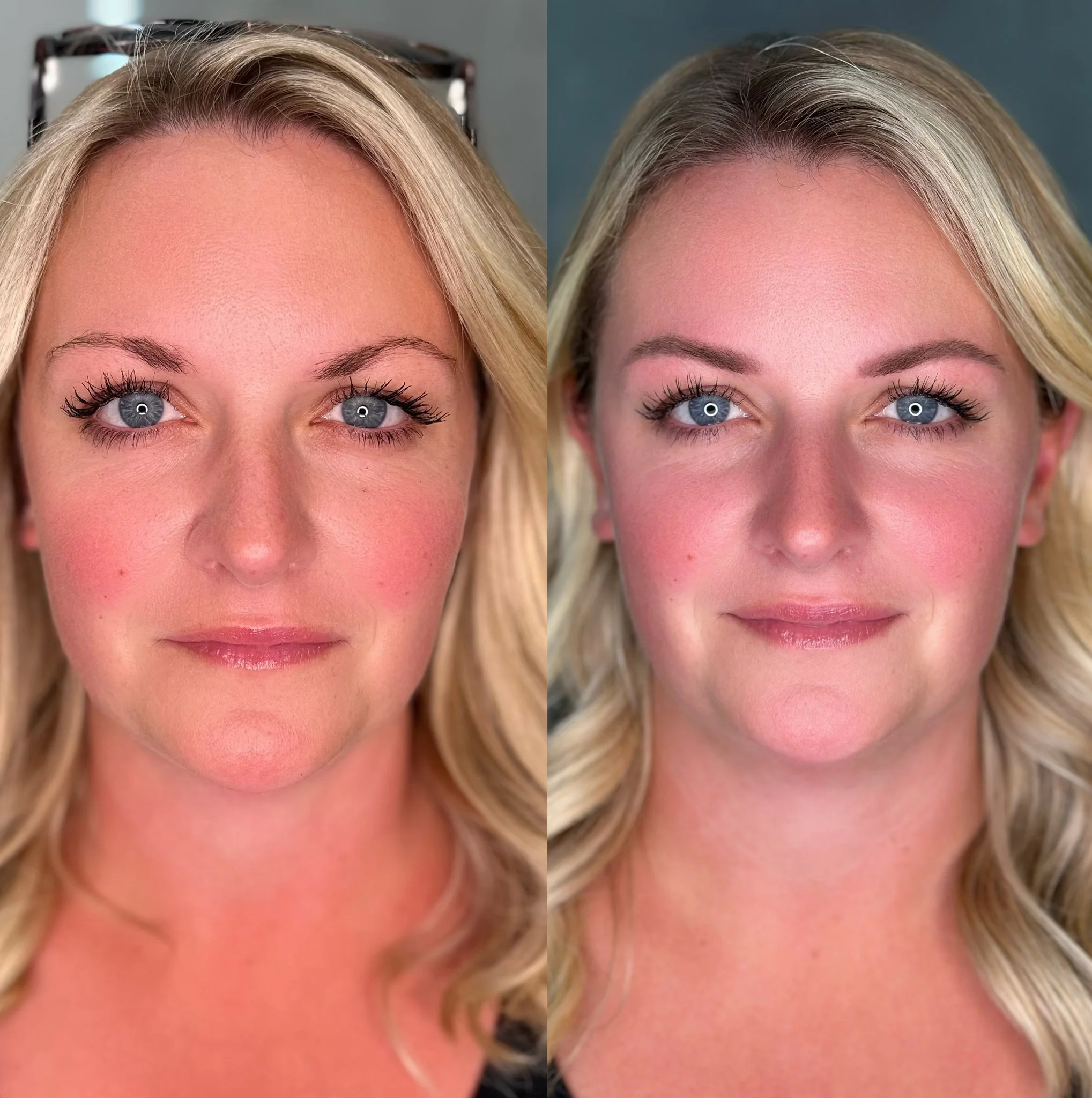 Comparison of two close-up portraits of the same woman with blonde hair, blue eyes, and pink cheeks, showing slight differences in makeup and lighting.