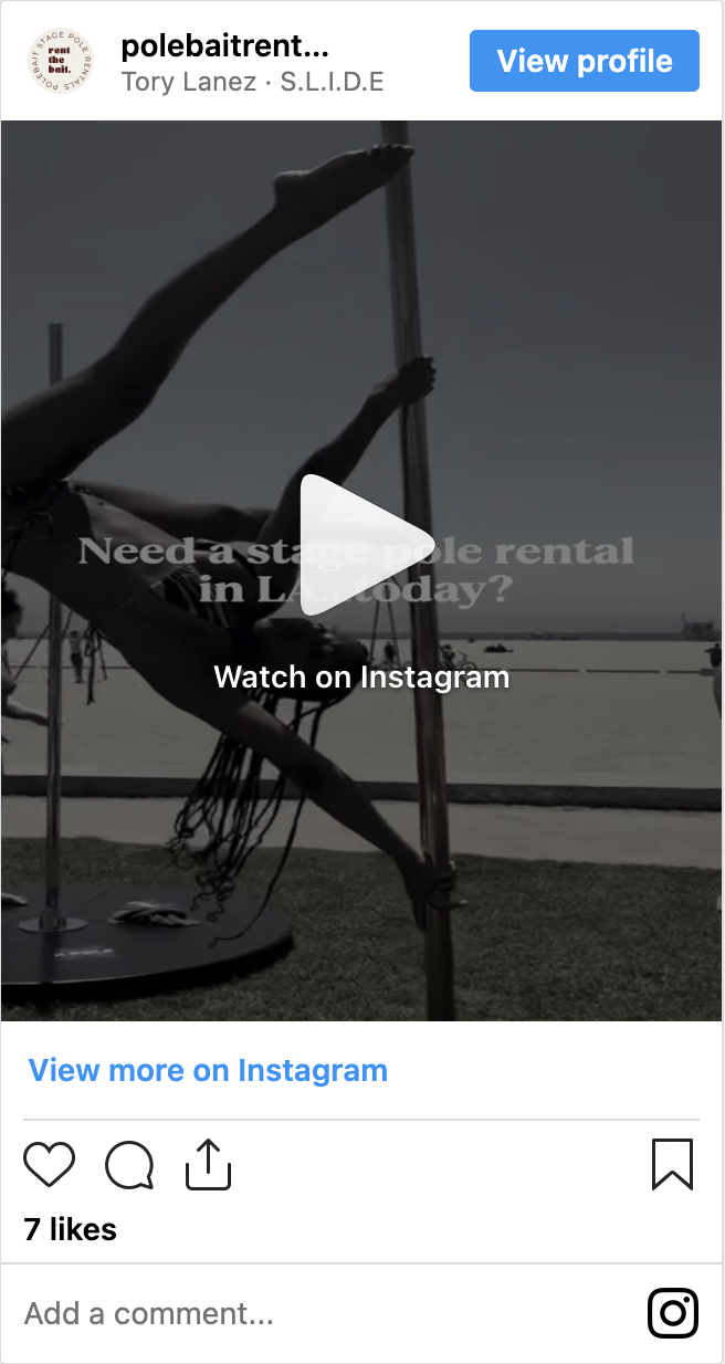 Woman on a stage pole rental outdoors in Los Angeles — PoleBait Stage Pole Rentals, same-day delivery and setup