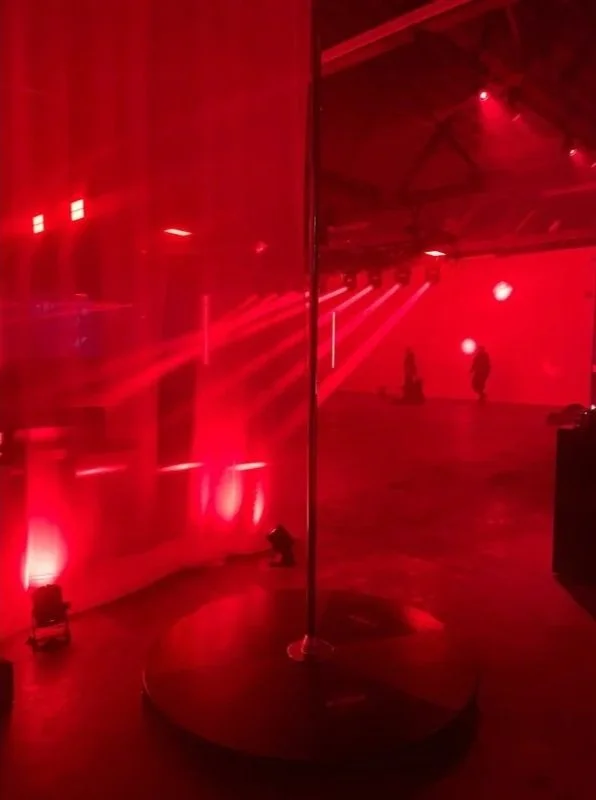 Portable pole installation for an exclusive album release listening party, professional event setup by PoleBait rentals (LA)