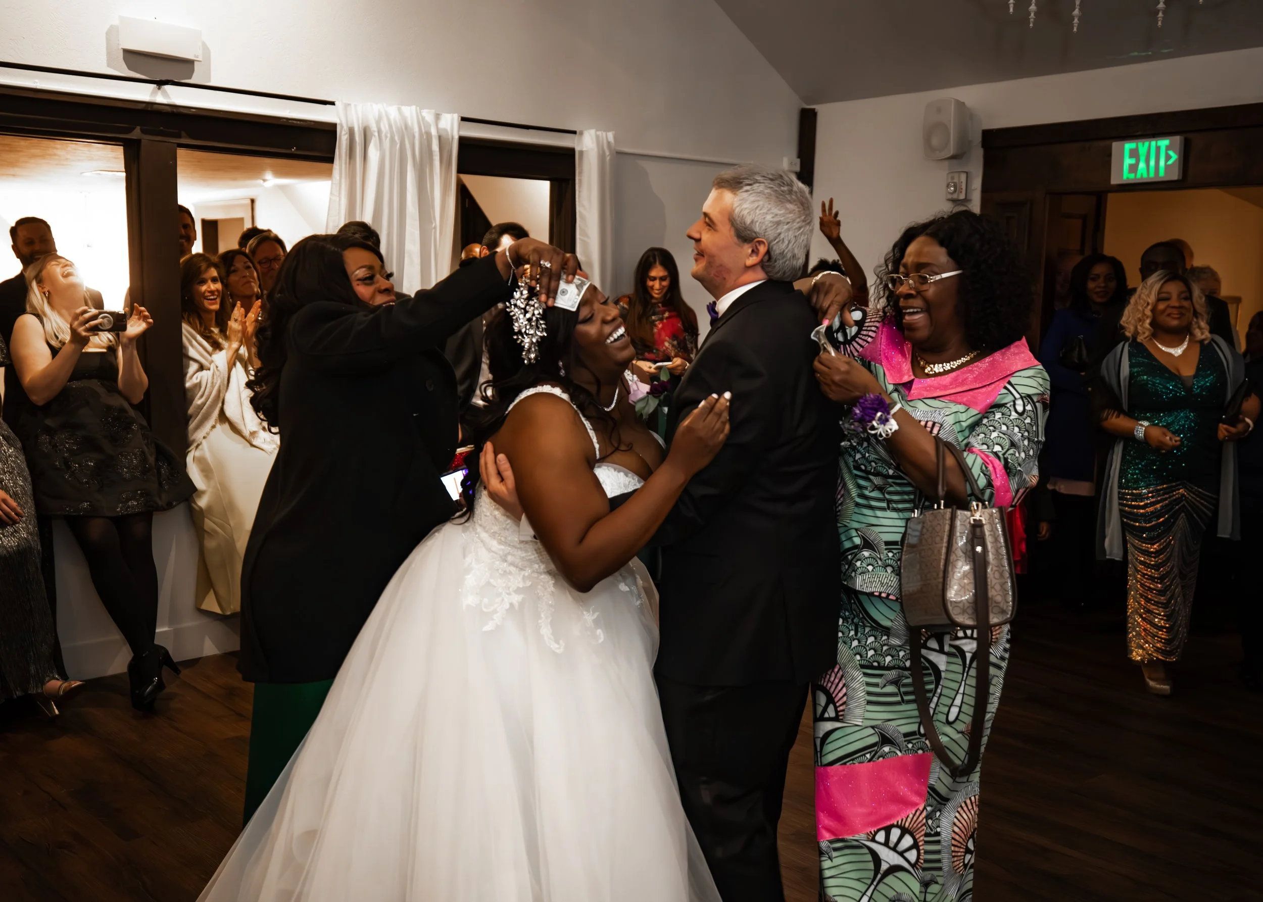 Joyful bride and groom dancing