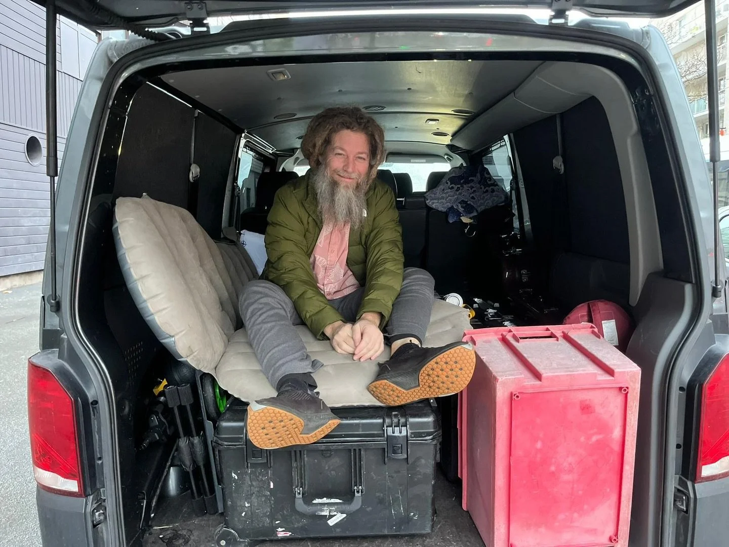 Sometimes on tour you gotta get your sleep where you can, so we have an inflatable mattress and we just throw it on the cases in back. I have so much gratitude for @fredasbad who has been getting us safely and on time to show after show here in Europ