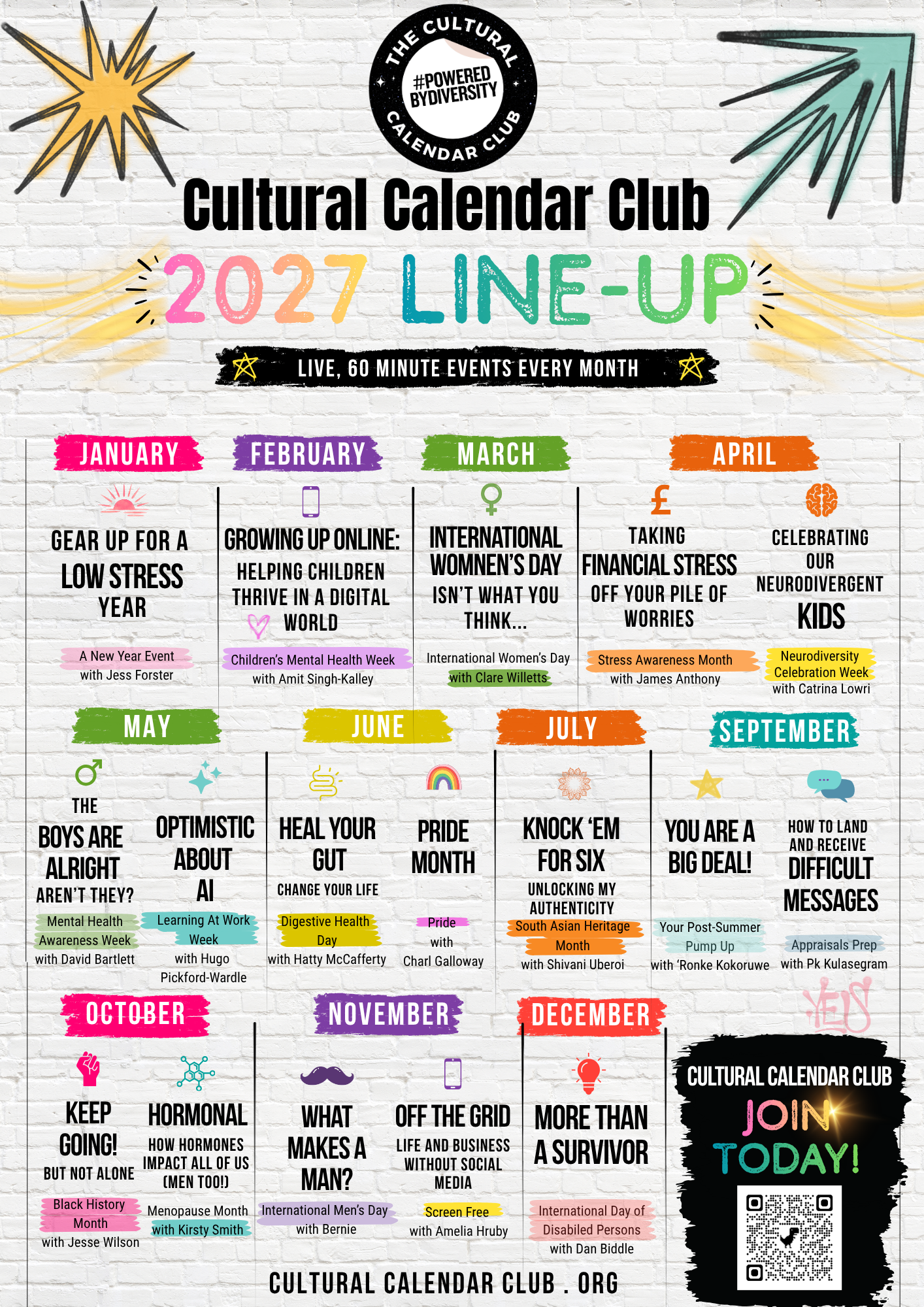 This is a poster of the 2027 Cultural Calendar Club live events lineup for decorative purposes only. Event details can be found on the booking page.