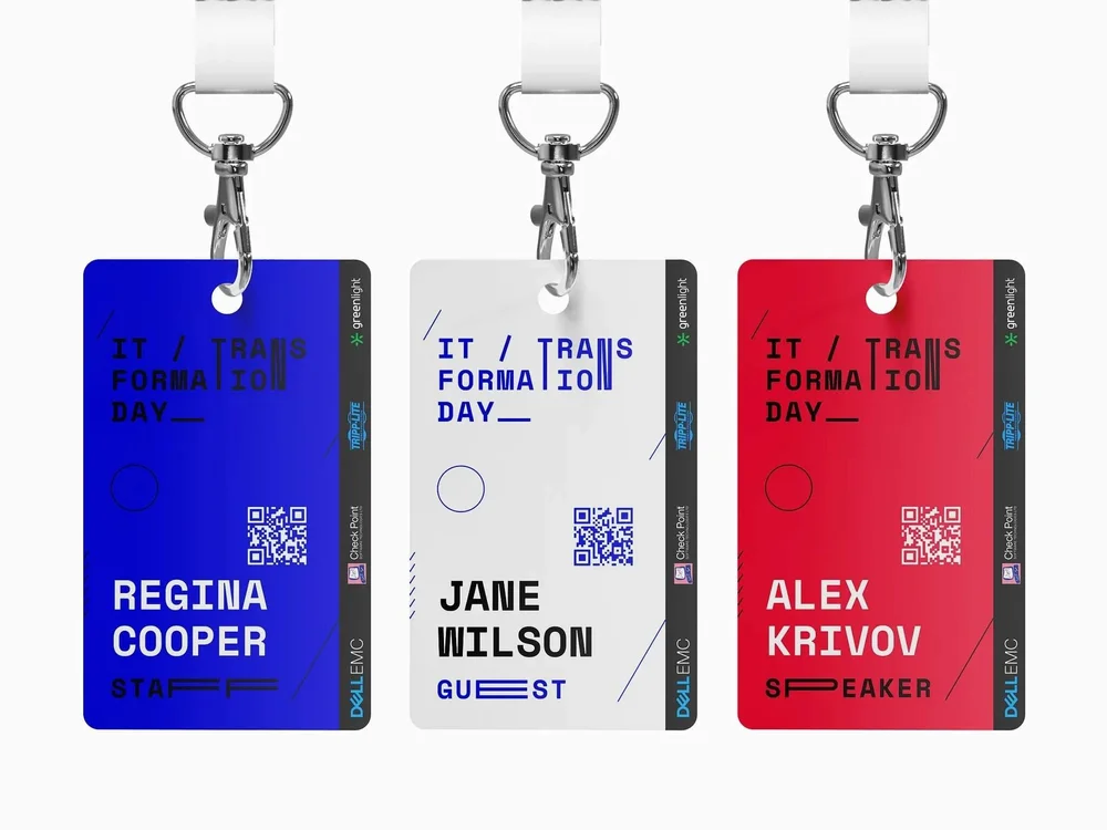 Custom name badge showing attendee categories using bright colour blocks and clear type hierarchy.