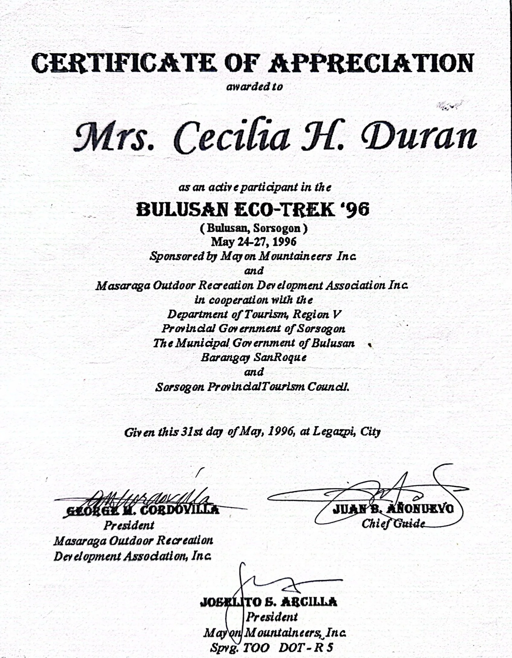 Certificate of Appreciation awarded to Mrs. Cecilia H. Duran for participating in the Bulusan Eco-Trek 96 from May 24 to 27, 1996, sponsored by Mountain Mountaineers Inc. and Sorsogon Outdoor Recreation Development Association Inc., in cooperation with the Department of Tourism, Region V, and the Sorsogon Provincial Tourism Council. The certificate is signed by three officials and dated May 31, 1996, in Legazpi City.