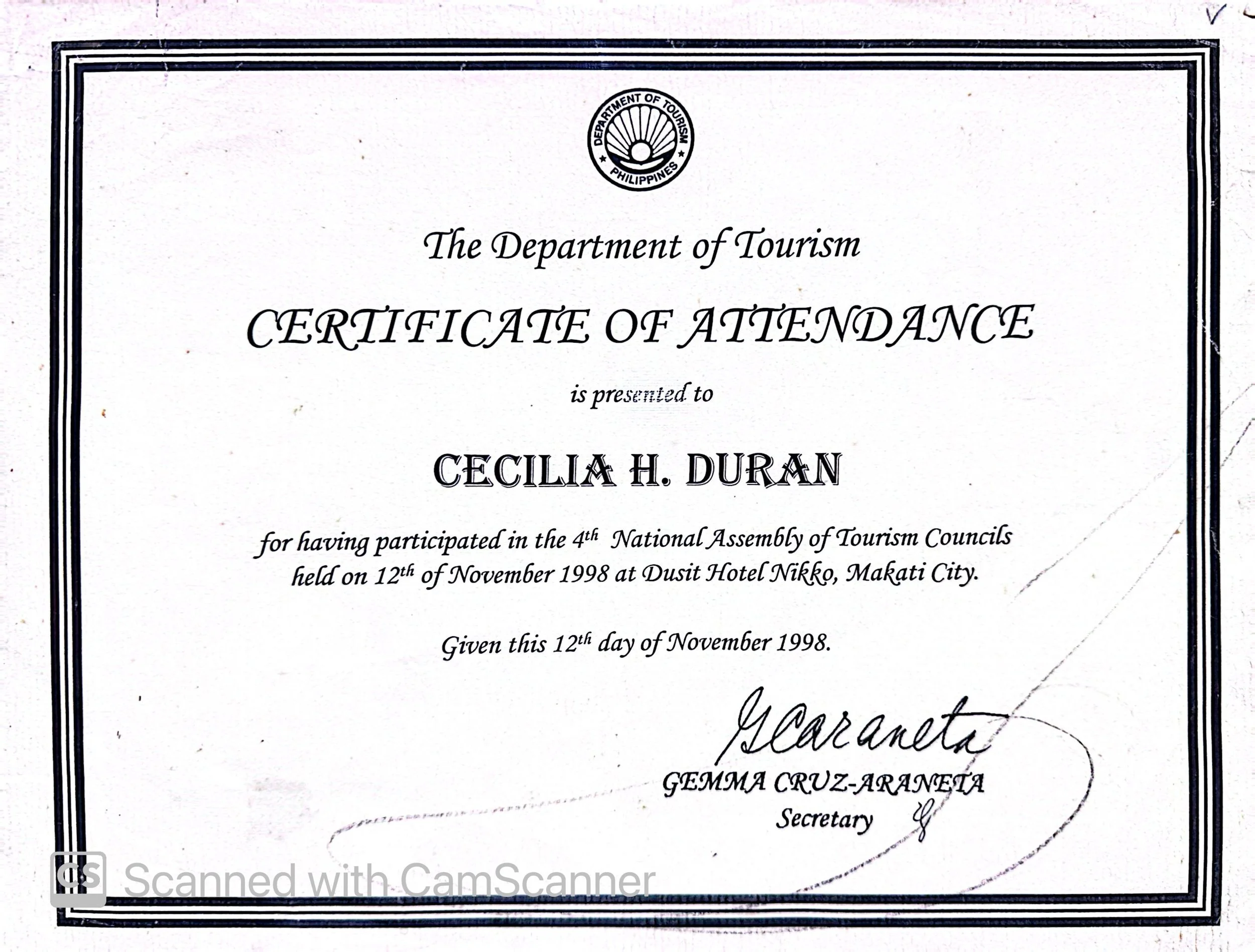 Certificate of Attendance from the Department of Tourism awarded to Cecilia H. Duran for participation in the 4th National Assembly of Tourism Councils in 1998, signed by Gemma Cruz-Araneta.
