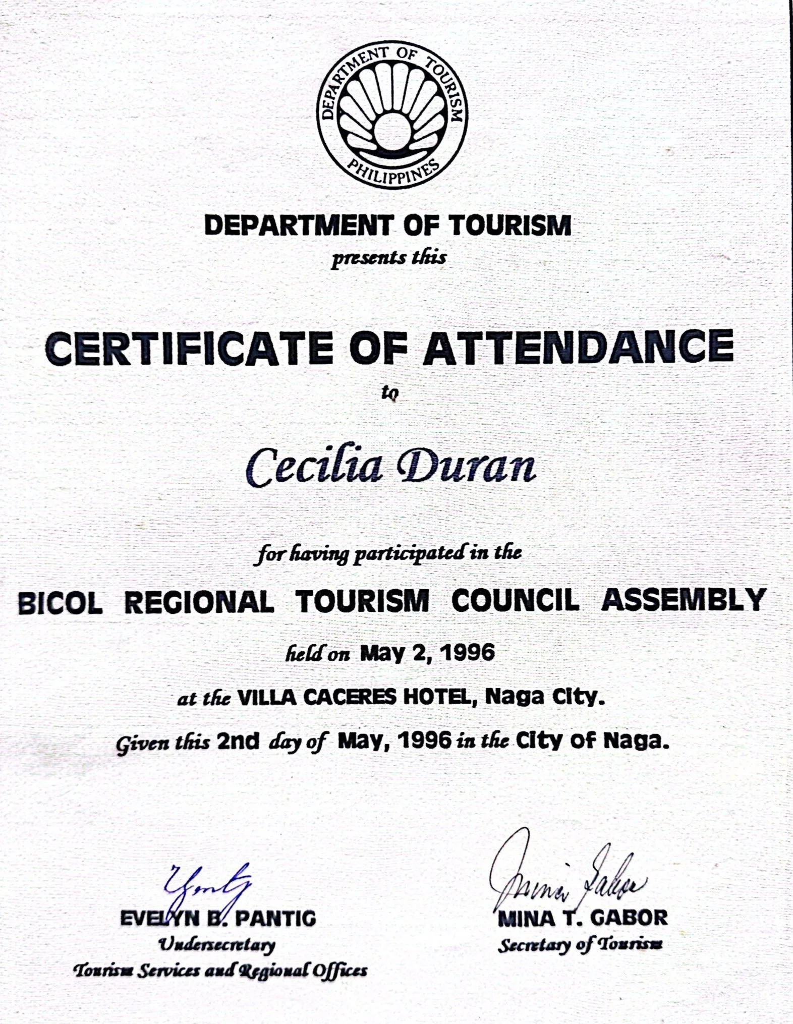 Certificate of attendance issued by the Department of Tourism Philippines to Cecilia Duran for participating in the Bicol Regional Tourism Council Assembly on May 2, 1996, at Villa Caceres Hotel in Naga City.