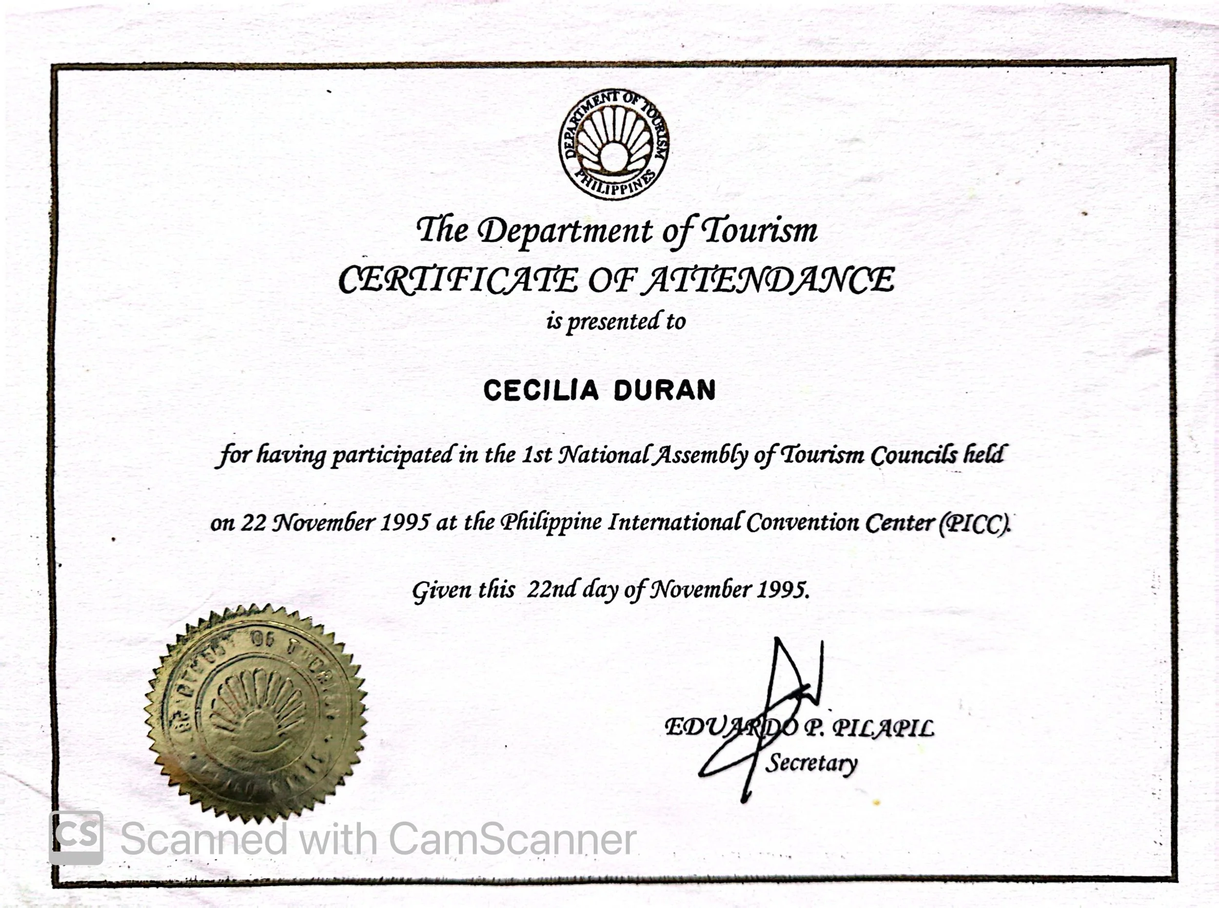 Certificate of Attendance issued by the Department of Tourism in the Philippines, awarded to Cecilia Duran for participating in the 1st National Assembly of Tourism Councils on November 22, 1995, at the Philippine International Convention Center, signed by Eduardo P. Pilapil.