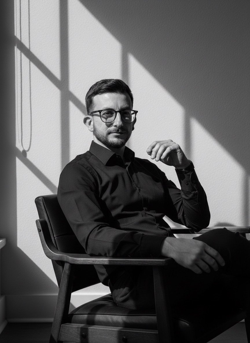 Uomo seduto su una sedia in una stanza con luce naturale, indossa occhiali e giacca nera, sfondo bianco e ombre proiettate dalla finestra.