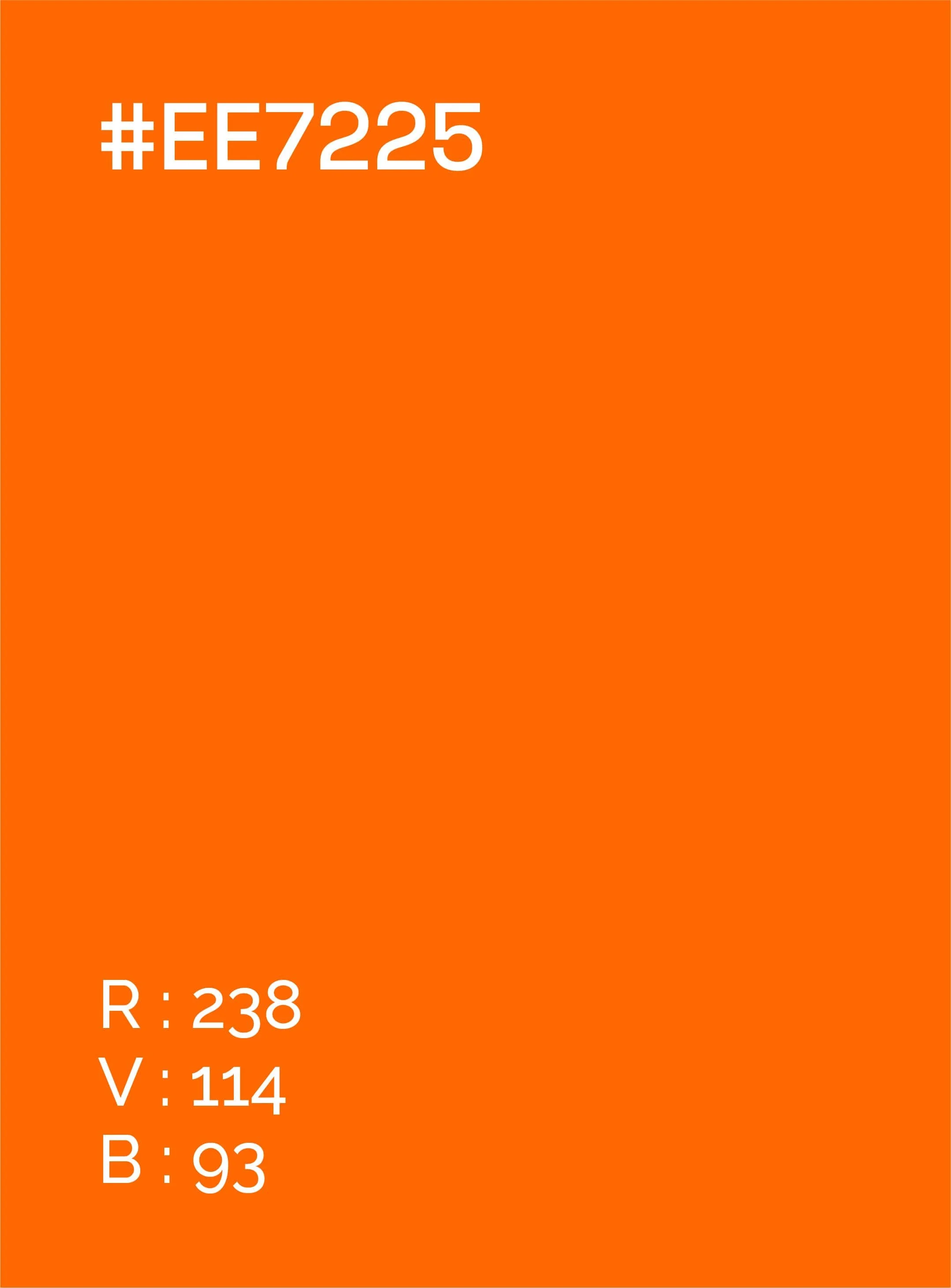 Échantillon de couleur orange avec le code couleur #EE7225, valeurs RGB : R: 238, V: 114, B: 93.