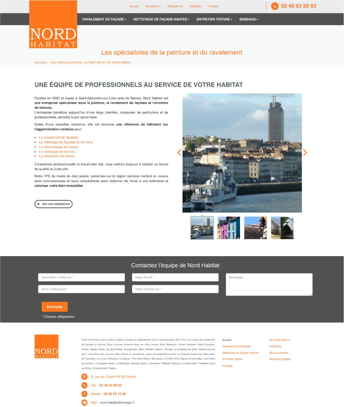 Page de site web de l'entreprise Nord Habitat, spécialisée dans la peinture et le ravalement de façades. Inclut un menu de navigation, une description de leurs services, une photo de la ville avec un bateau, et un formulaire de contact.