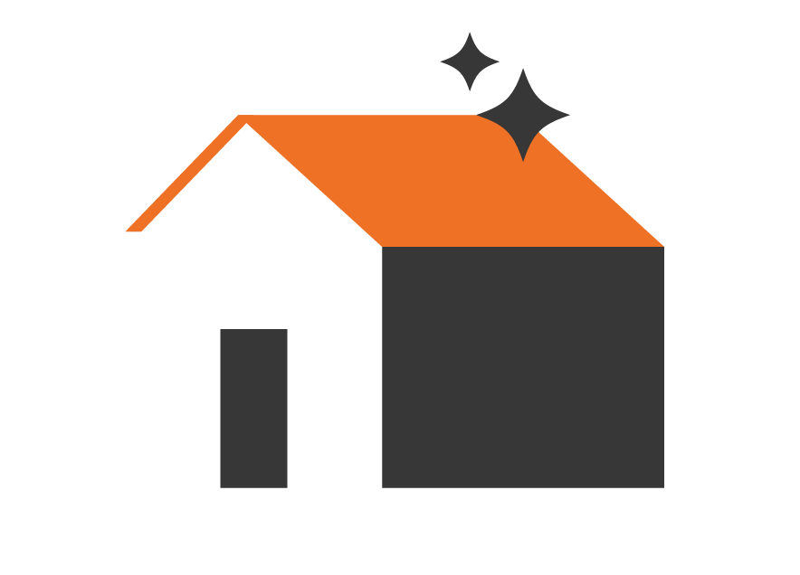 Une maison avec un toit orange et deux étoiles brillantes à côté.