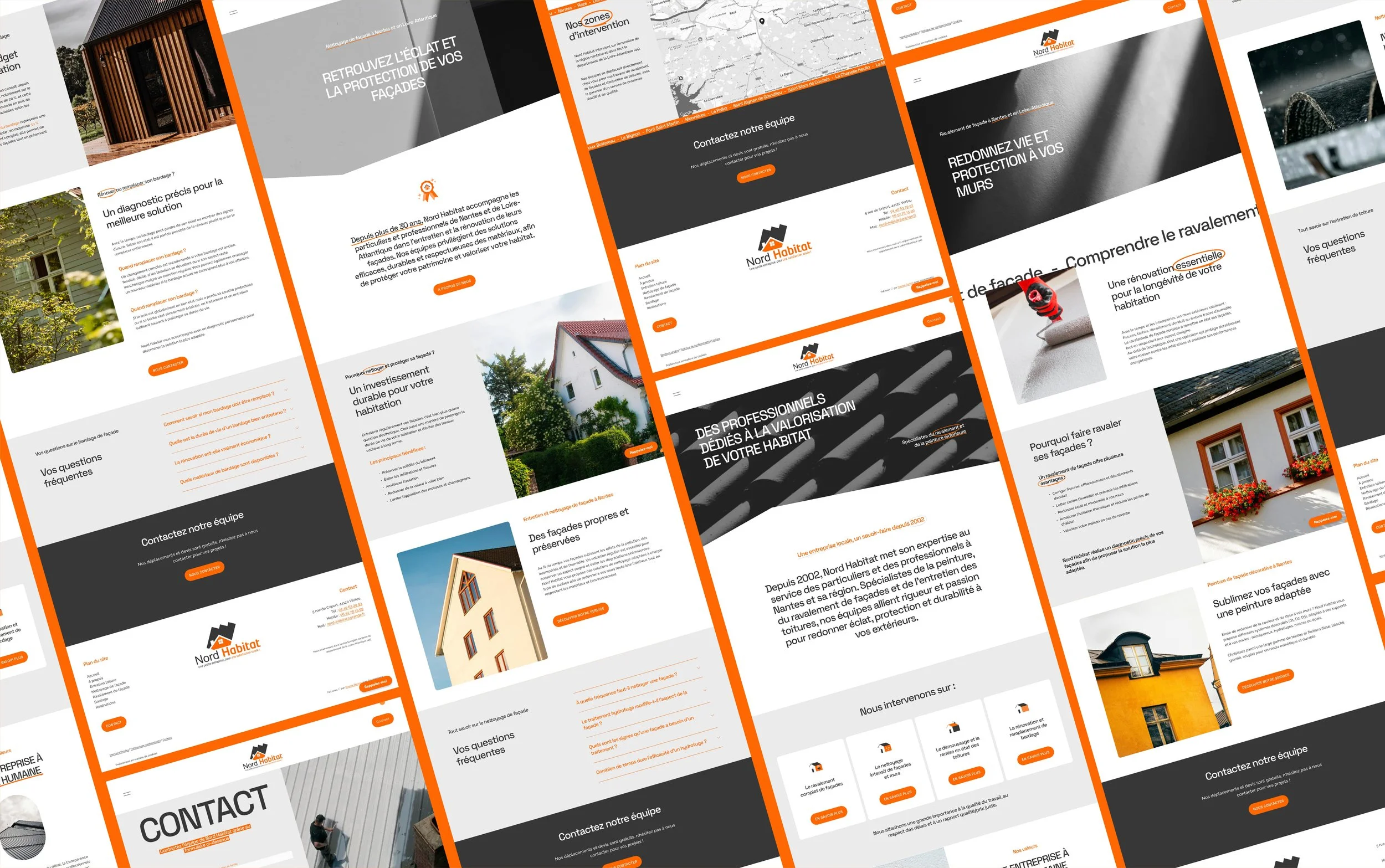 Page web d'une entreprise de rénovation de façades avec images de maisons, plans, et textes en français sur la protection des façades, contact, et services proposés, dominée par les couleurs orange, noir et blanc.
