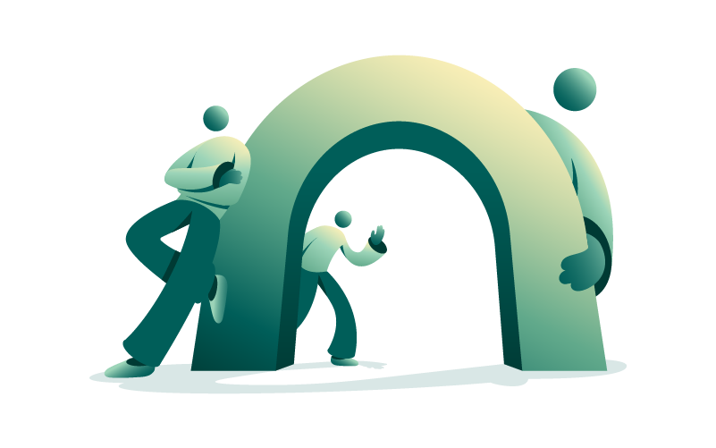 Illustration de trois personnages stylisés, dont deux se cachent ou jouent derrière une grande arche.