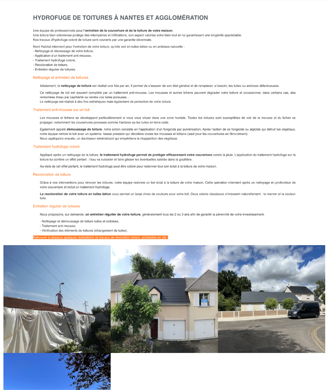 Document écrit en français sur la rénovation de toitures, avec deux images de travaux de toiture, notamment une personne sur une échelle et des maisons avec des toits rénovés.