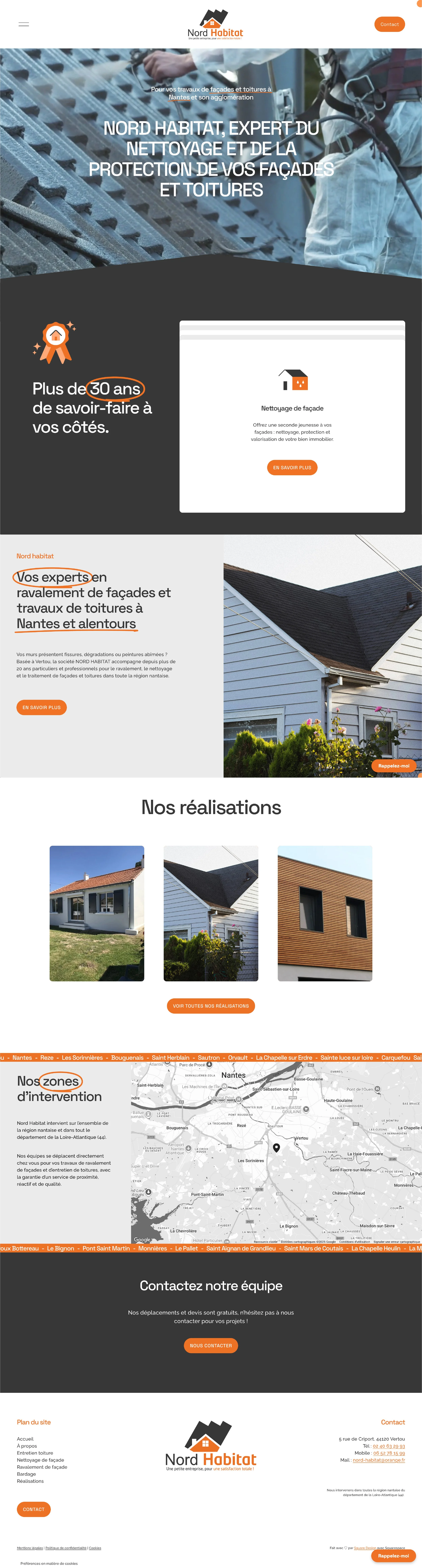 Page d'accueil d'un site web de l'entreprise Nord Habitat, spécialisée dans le nettoyage et la protection des façades et toitures, avec images de maisons et de travaux de toiture.