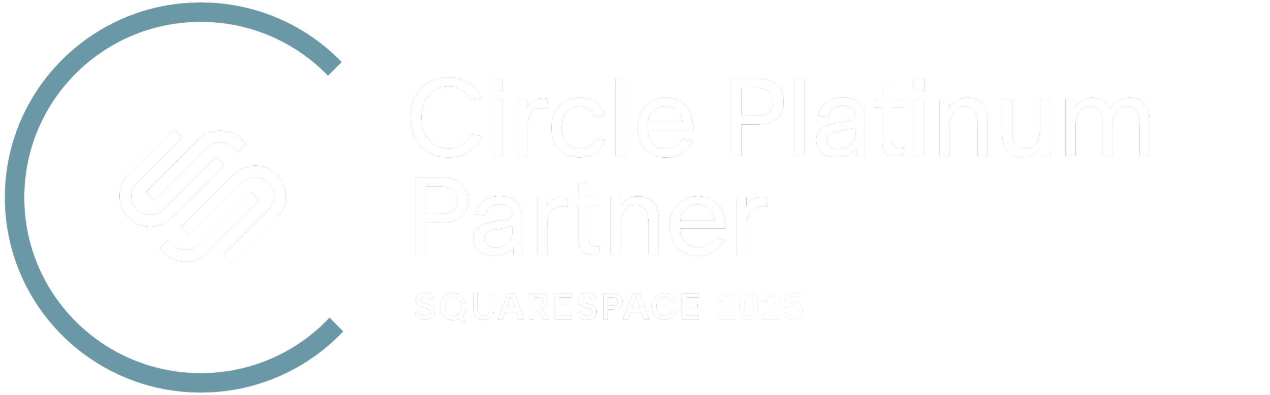 Logo de Circle Platinum Partner pour Squarespace 2025, avec un symbole de lien entre deux lignes en cercle, sur fond noir.