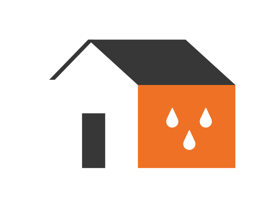 Maison en forme de boîte avec des gouttes d'eau représentant des fuites, des taches d'eau sur la façade, et un symbole de fuite devant la maison.