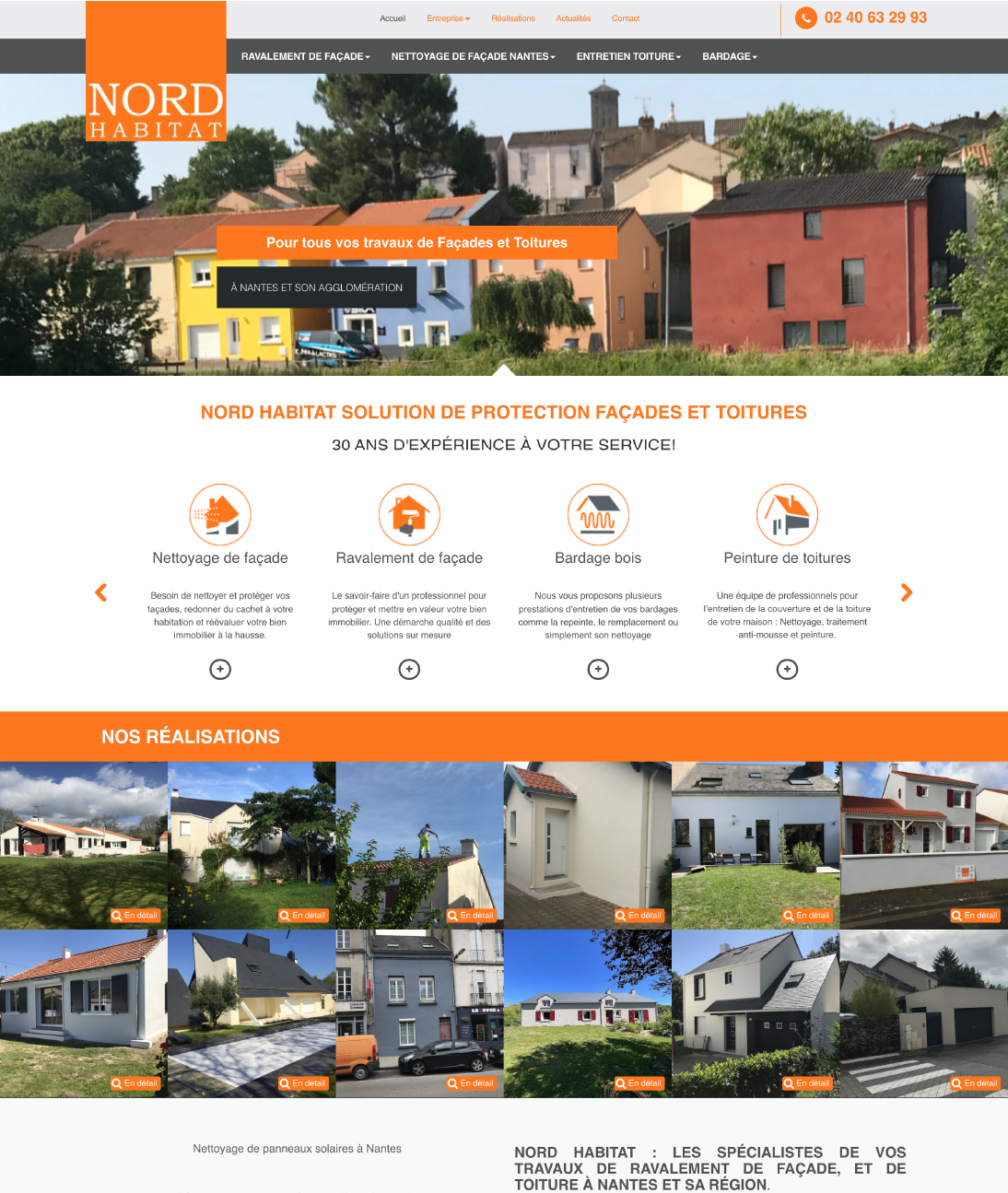 Page d'accueil d'un site web de travaux de rénovation de façades et de toitures par la société Nord Habitat, avec un panorama de maisons colorées et des services comme nettoyage, ravalement, bardage bois, peinture, et une section présentant leurs réalisations.