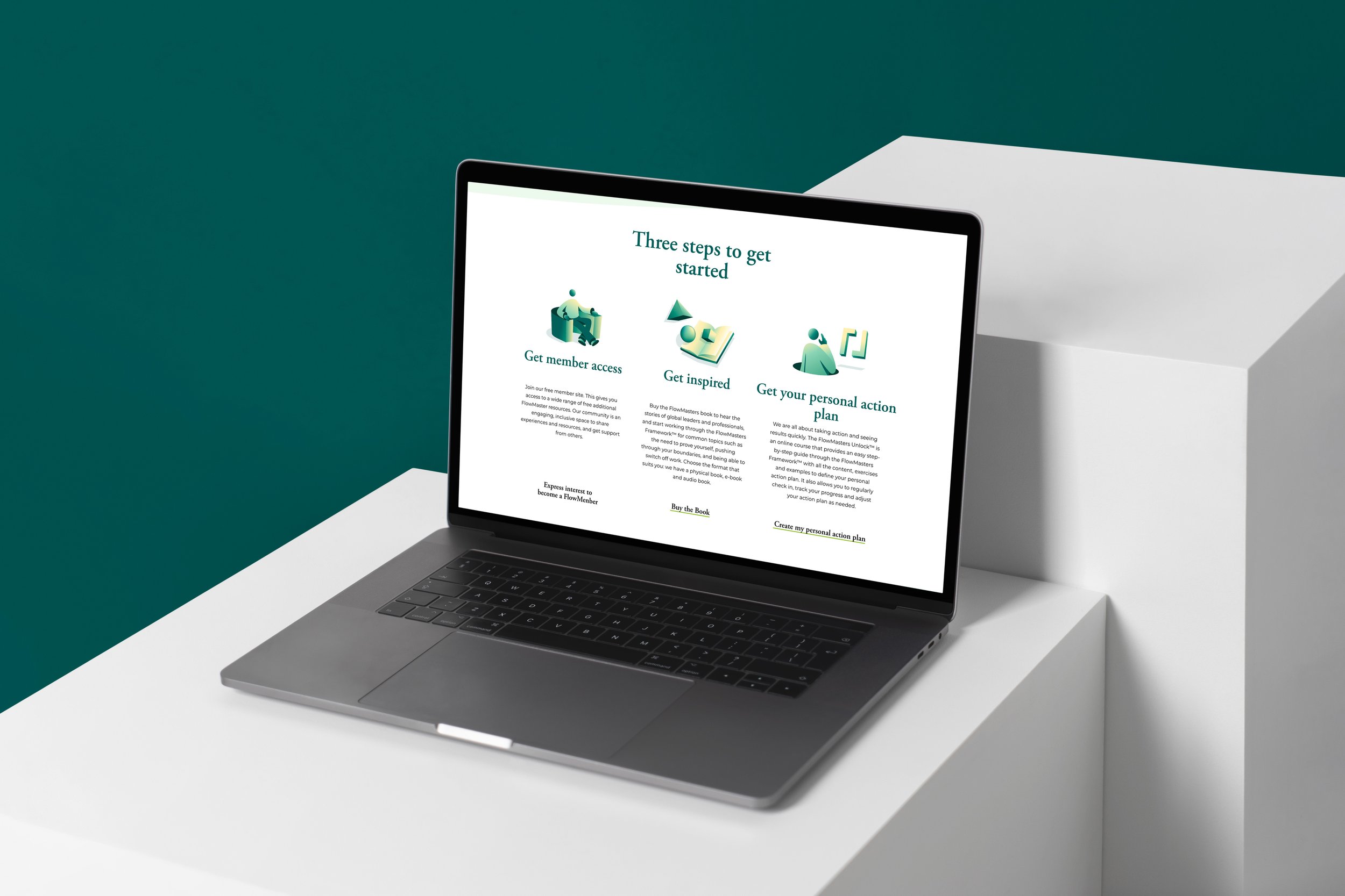 Un ordinateur portable affichant une page web avec des étapes pour débuter, sur une table blanche avec un fond vert