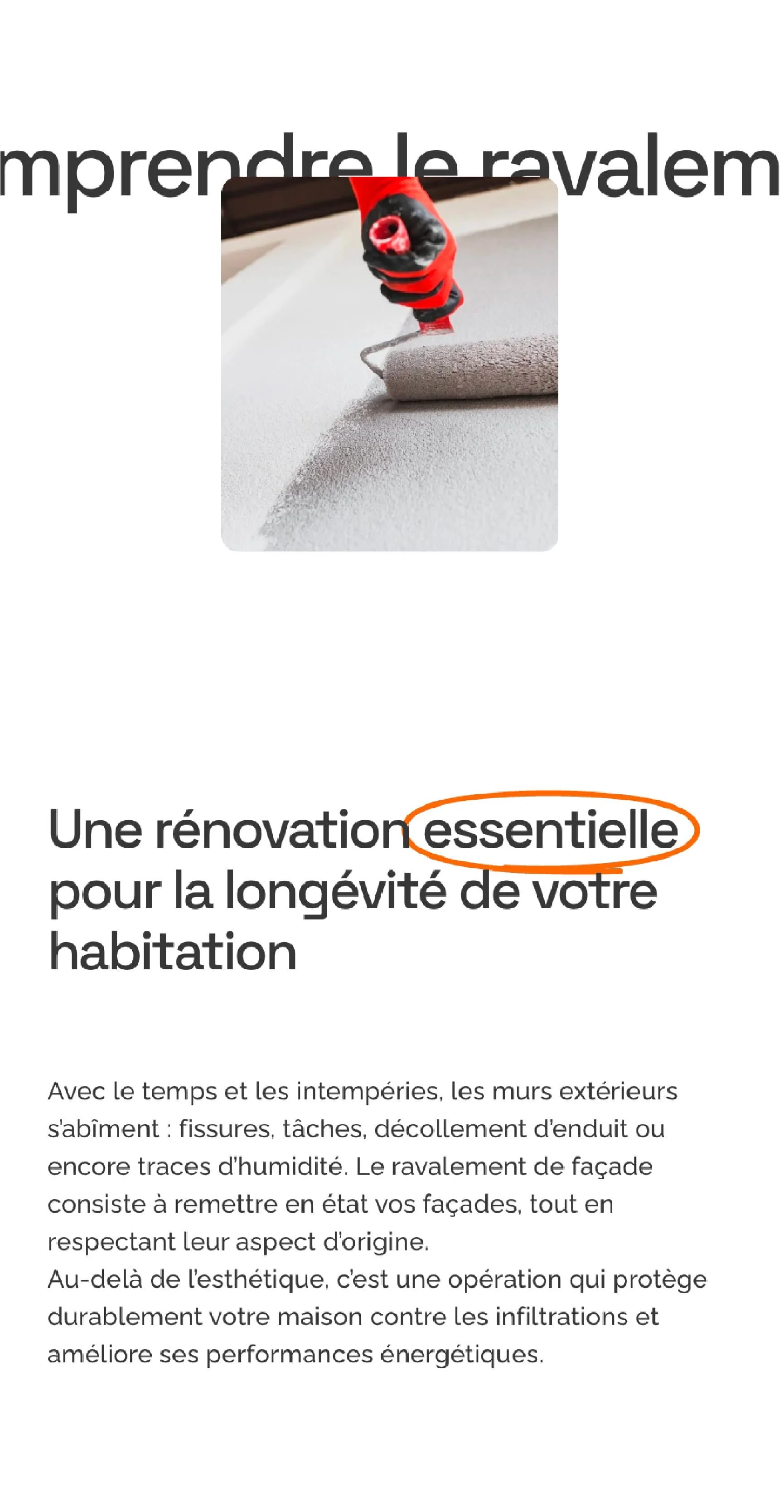 Illustration d'une peinture en train d'être appliquée sur un mur avec un rouleau, avec un texte en français parlant de rénovation de façade pour la durabilité de la maison.