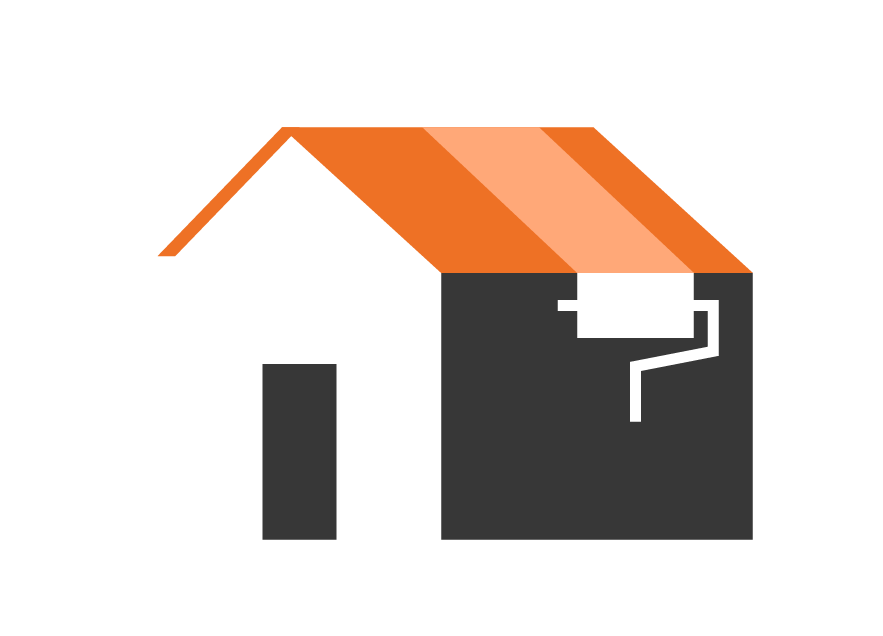 Illustration d'une maison avec un toit en tuiles orange et un mur gris foncé, une fenêtre blanche et un petit élément carré gris à côté.