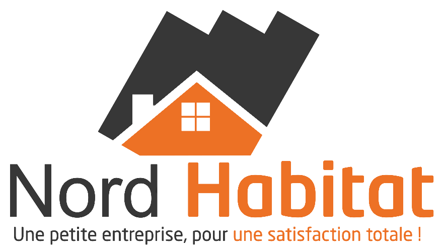 Logo d'une petite entreprise appelée 'Nord Habitat', représentant une maison orange avec un toit noir inclinée.